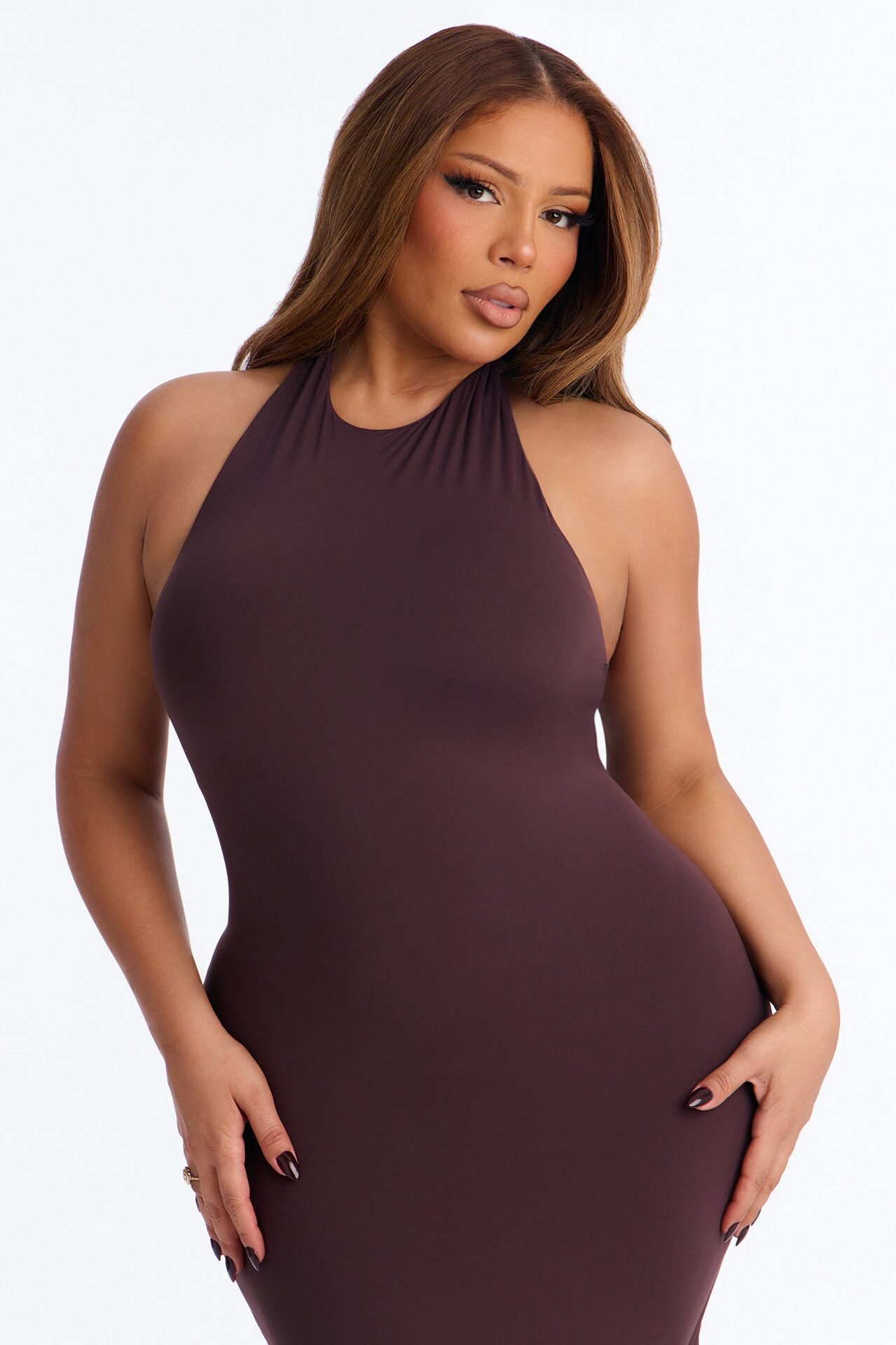 Second Skin Bra Pad Sleeveless Halter Maxi Dress - Chocolate