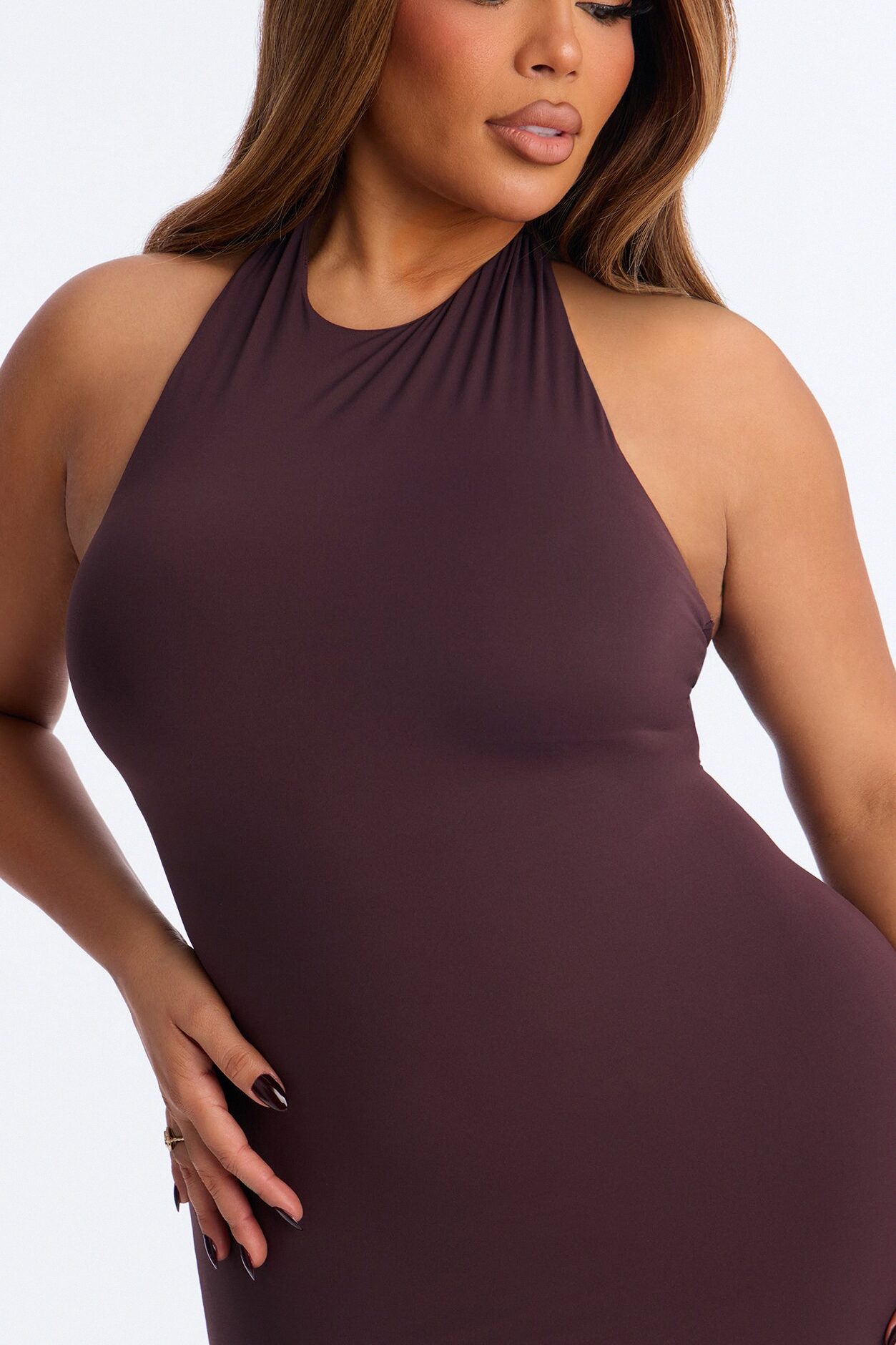 Second Skin Bra Pad Sleeveless Halter Maxi Dress - Chocolate