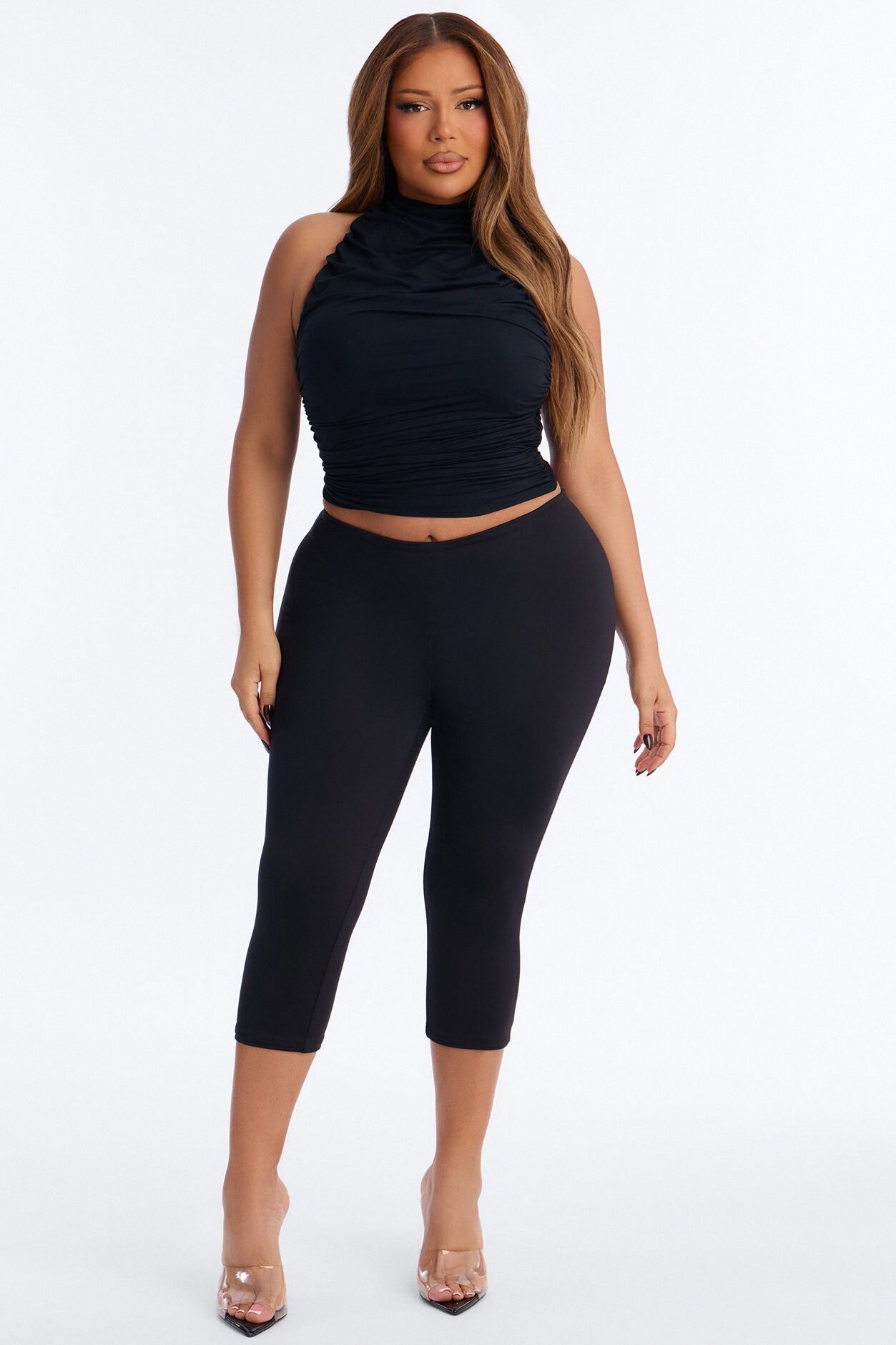 Second Skin Double Lined Ruched Mock Neck Halter Top - Black