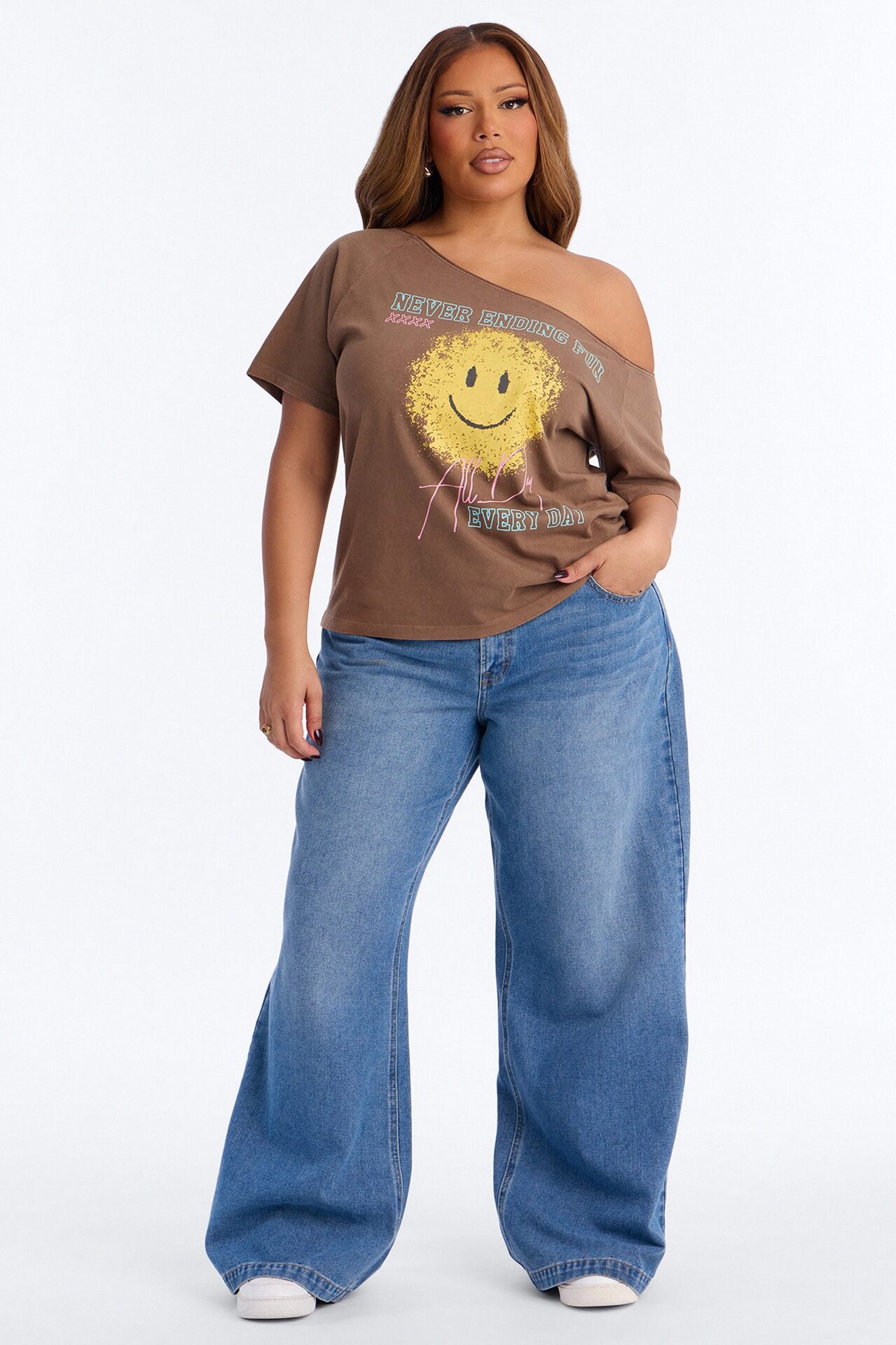Smiley Face Off Shoulder Tee - Brown