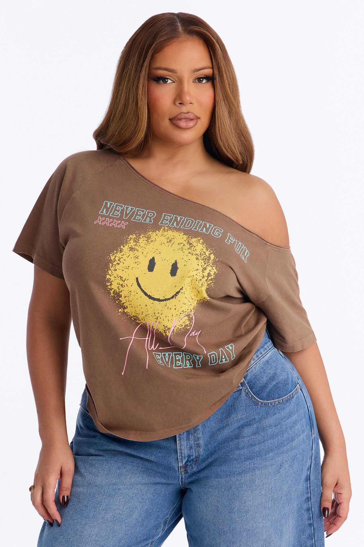 Smiley Face Off Shoulder Tee - Brown