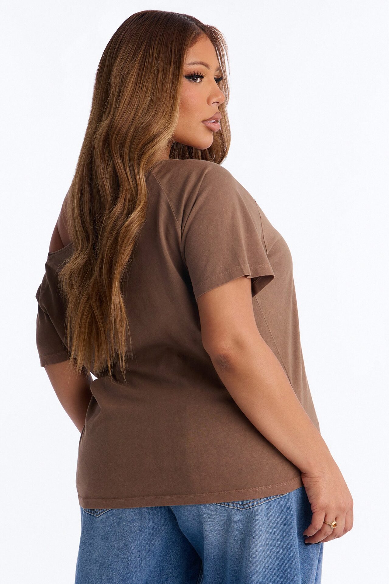 Smiley Face Off Shoulder Tee - Brown