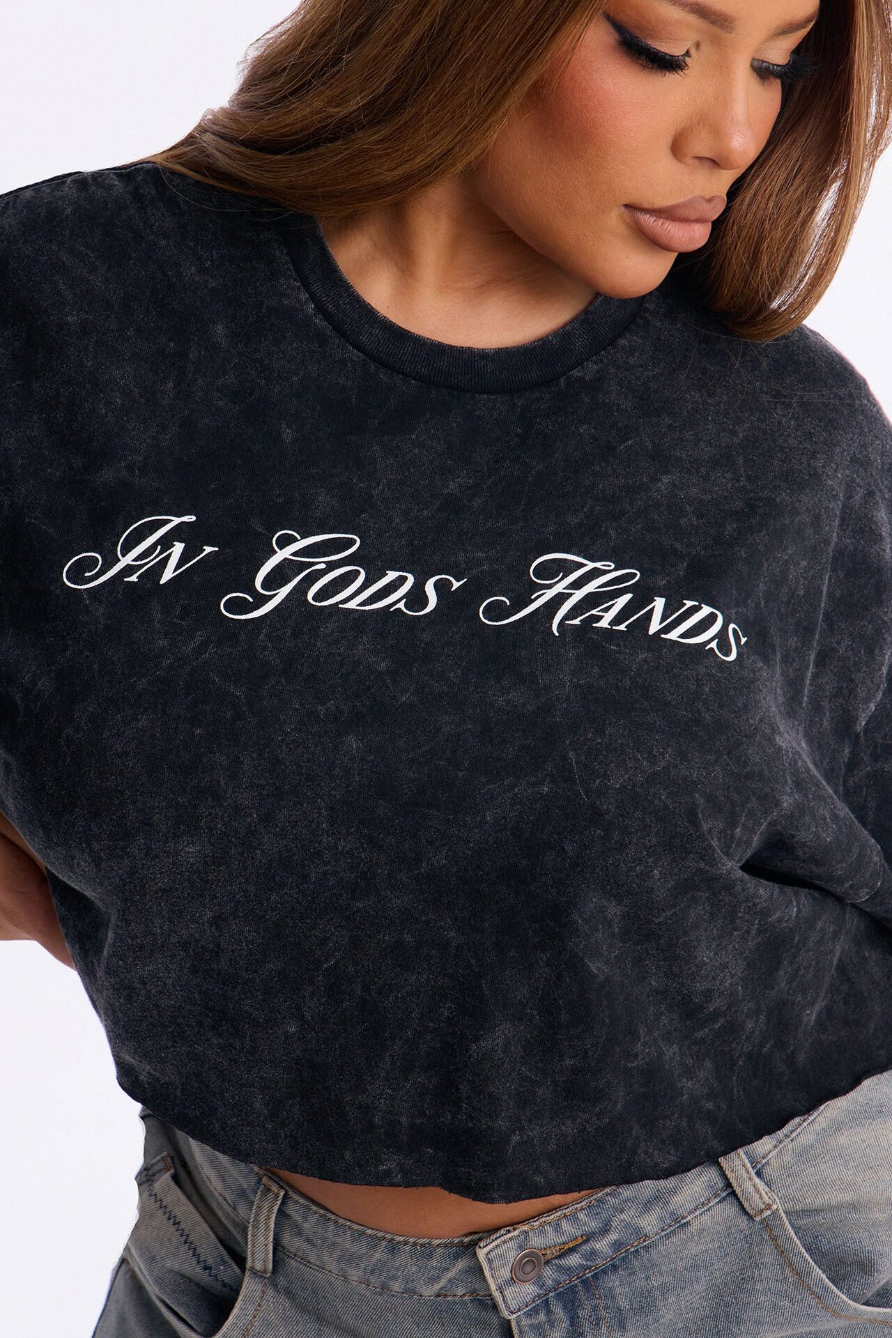 In God's Hands Washed Crop Tee - Black Wash