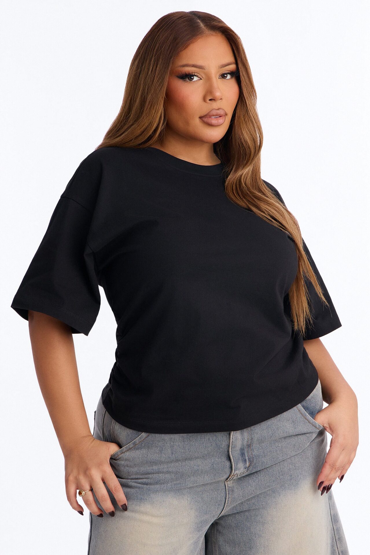 Nora Crew Neck Ruched Short Sleeve T-Shirt - Black