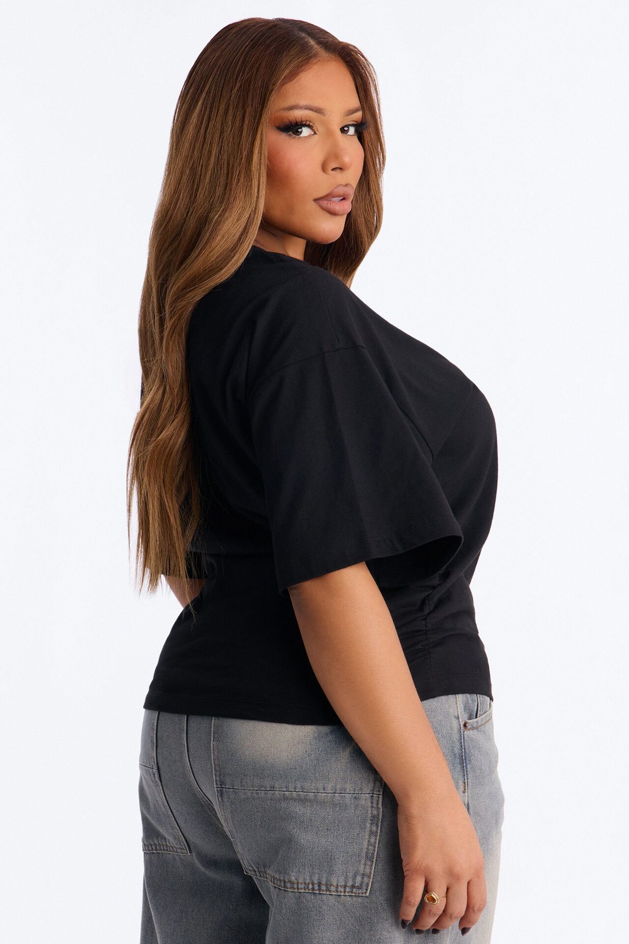 Nora Crew Neck Ruched Short Sleeve T-Shirt - Black