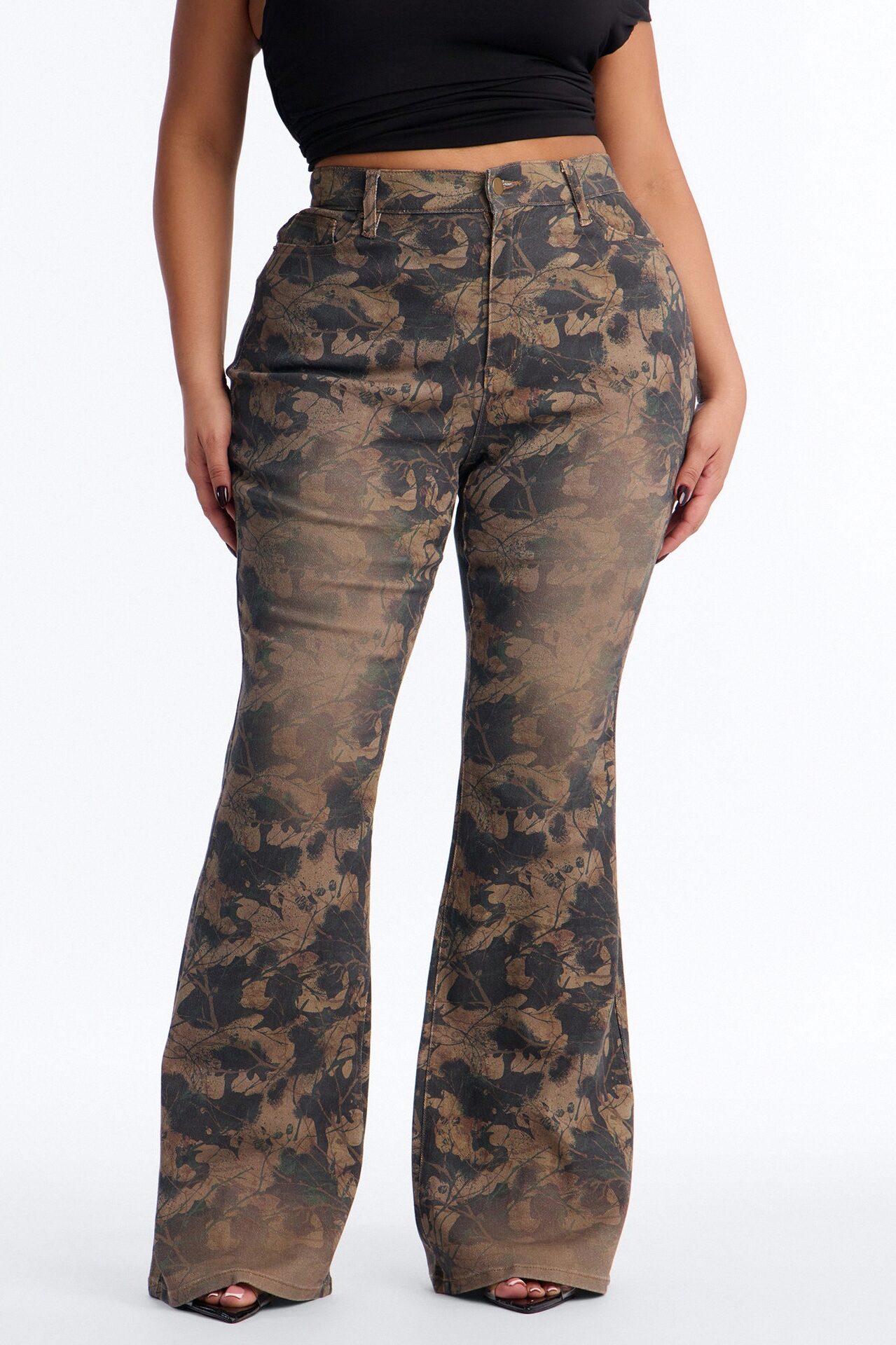 Positive Negative Stretch Printed Flare Jeans - Camouflage