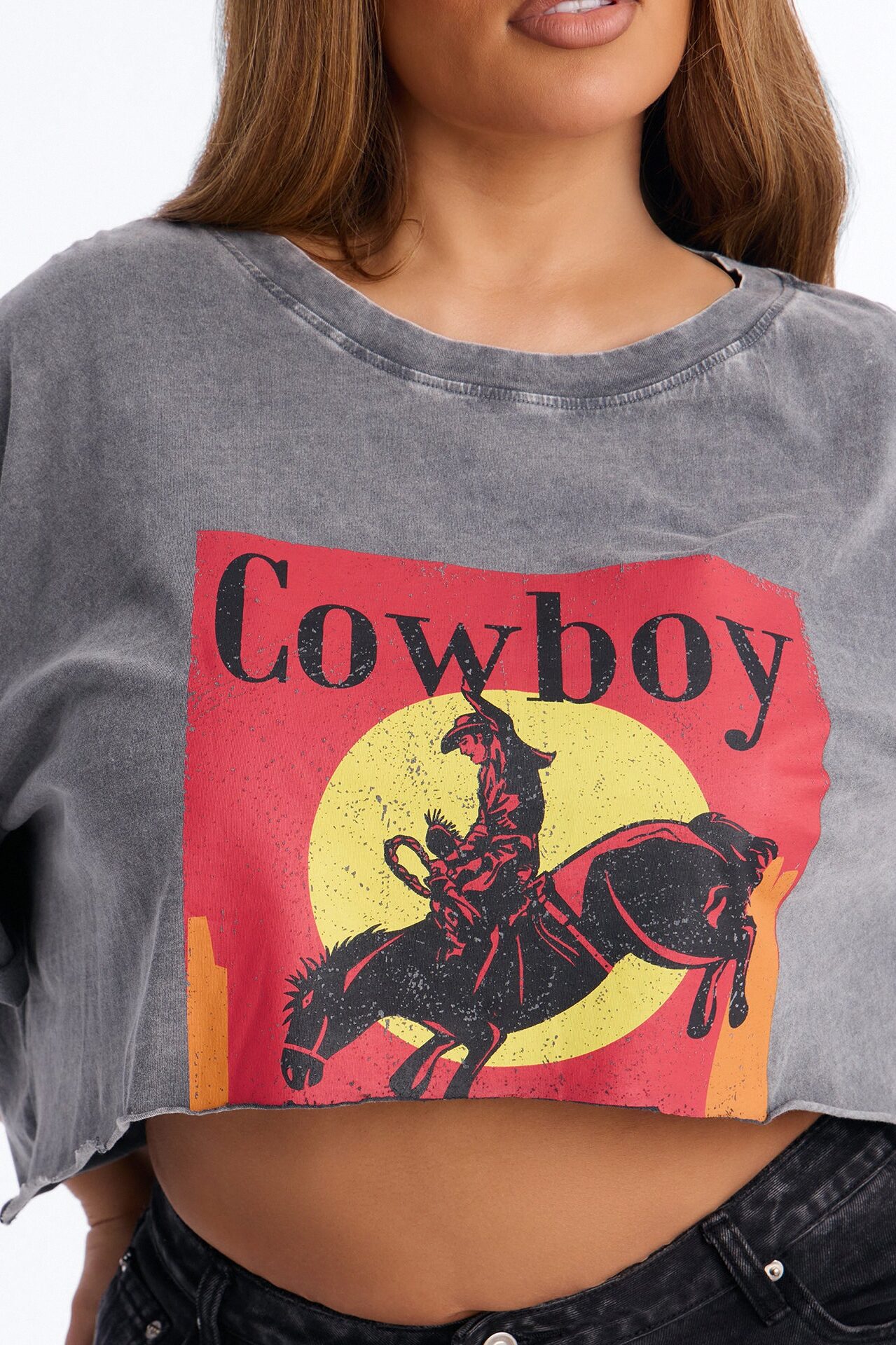Cowboy Things Washed Cropped Tee - Black Wash