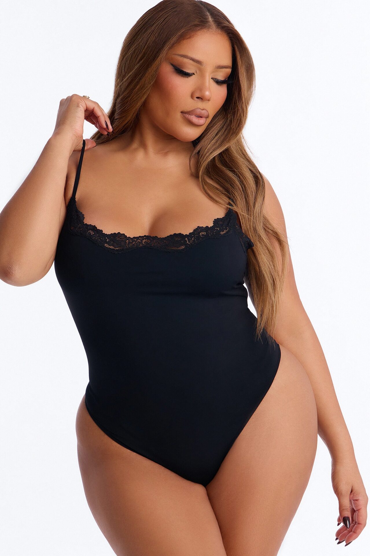 Second Skin Double Lined Lace Trim Cami Bodysuit - Black