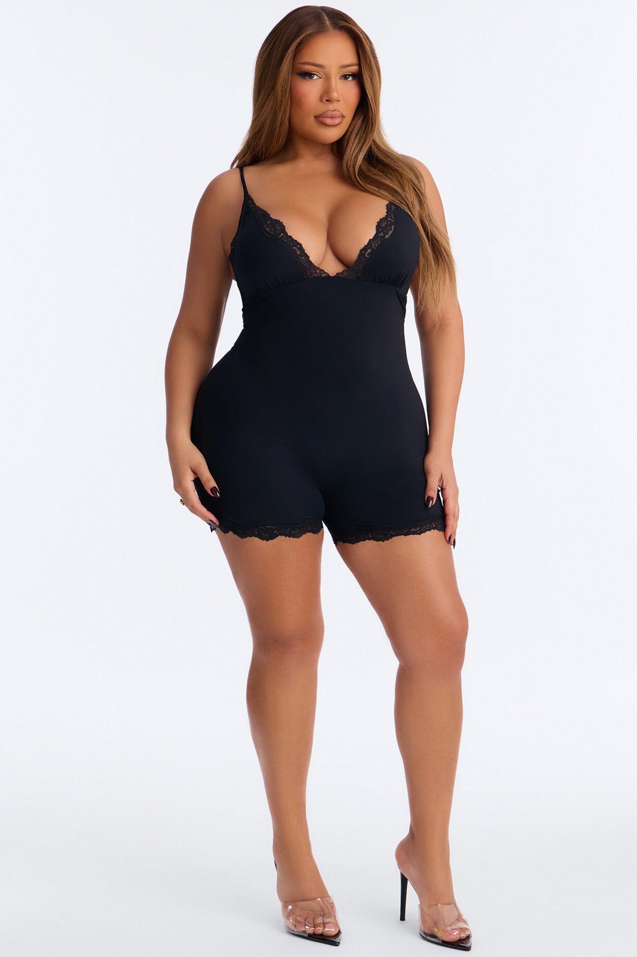 Second Skin Double Lined Lace Trim Tank Romper - Black