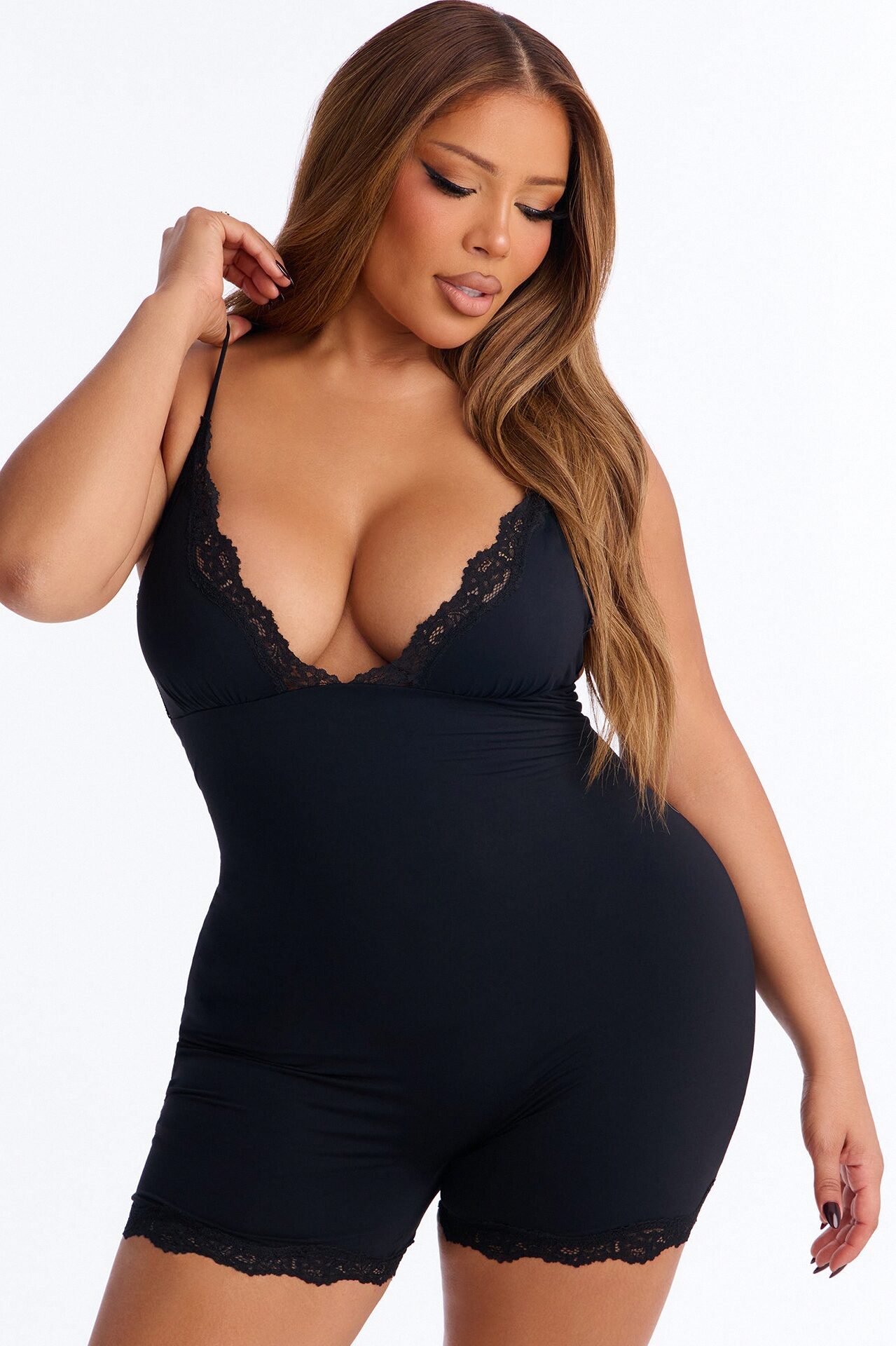 Second Skin Double Lined Lace Trim Tank Romper - Black
