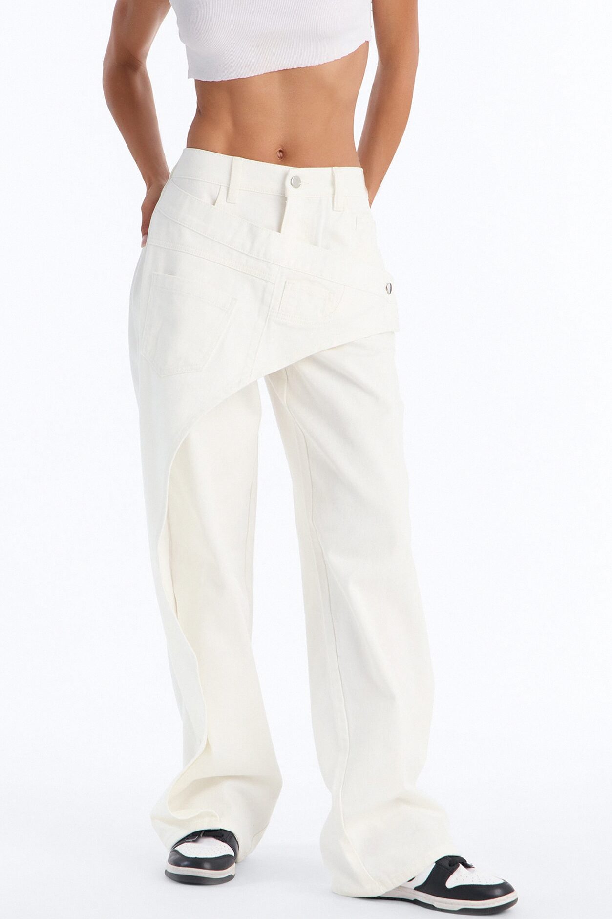 Grand Reveal Front Wrap Wide Leg Jeans - White