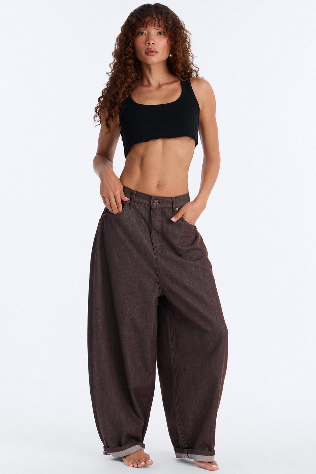 Off The Grid Cuffed Barrel Leg Jeans - Brown