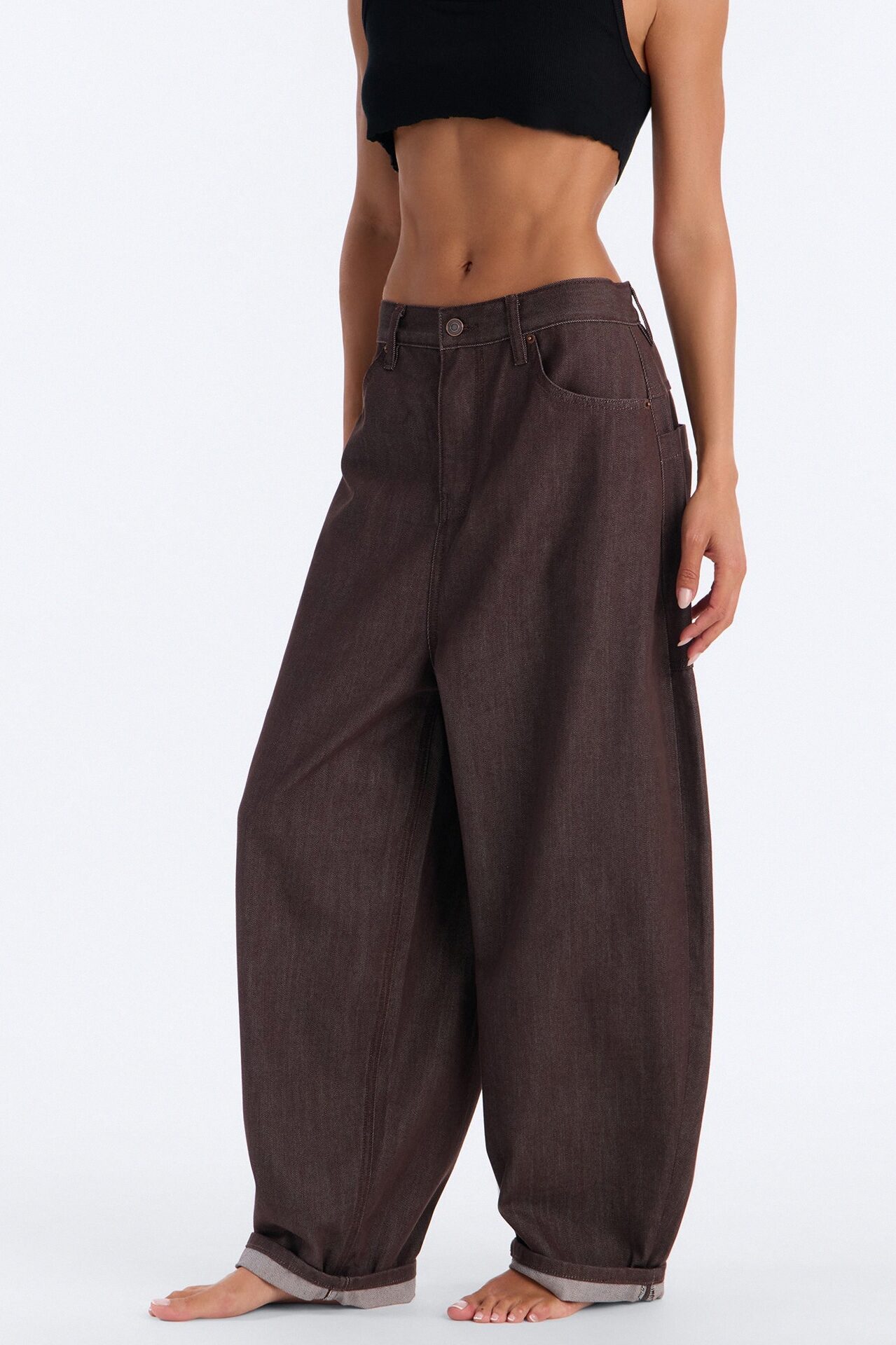 Off The Grid Cuffed Barrel Leg Jeans - Brown