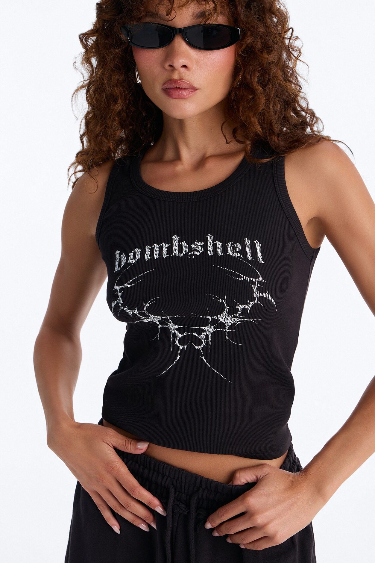 Electric Bombshell Ribbed Tank Top - Charcoal