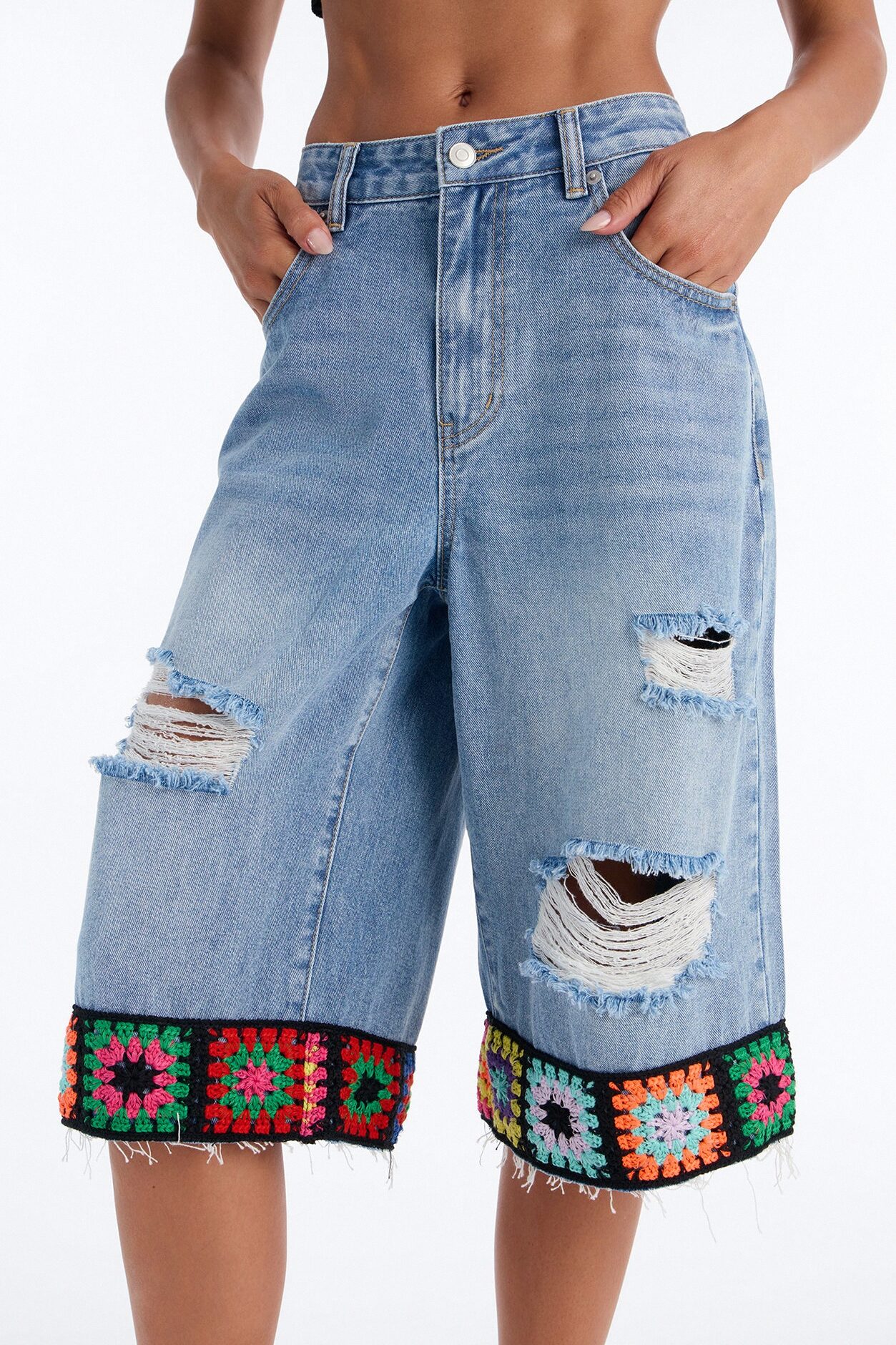 Granny Squares Crotchet Trim Ripped Denim Culottes - Medium Wash
