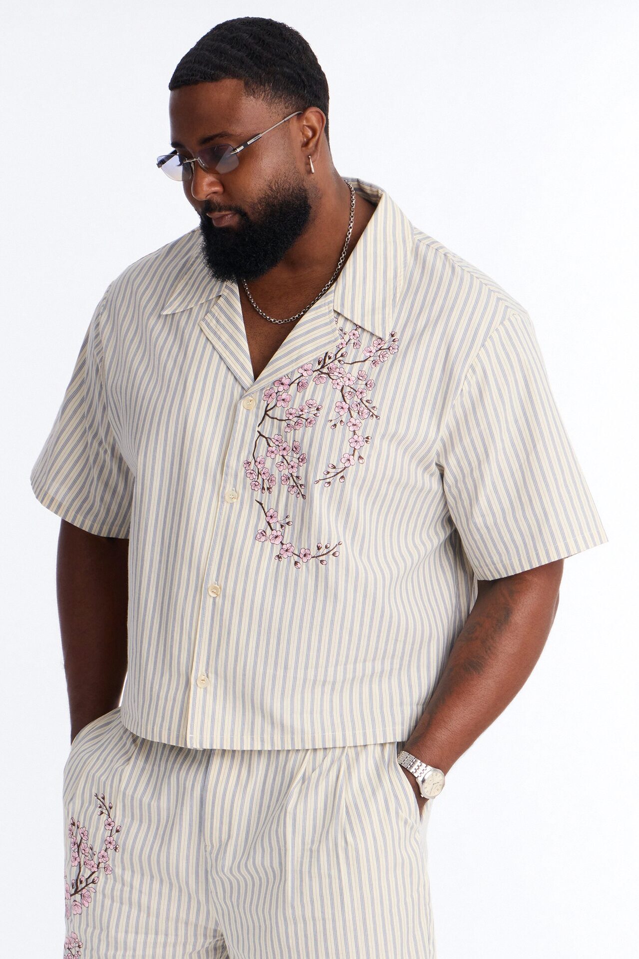Haru Fade Stripe Cuban Collar Button Up Shirt - White/combo