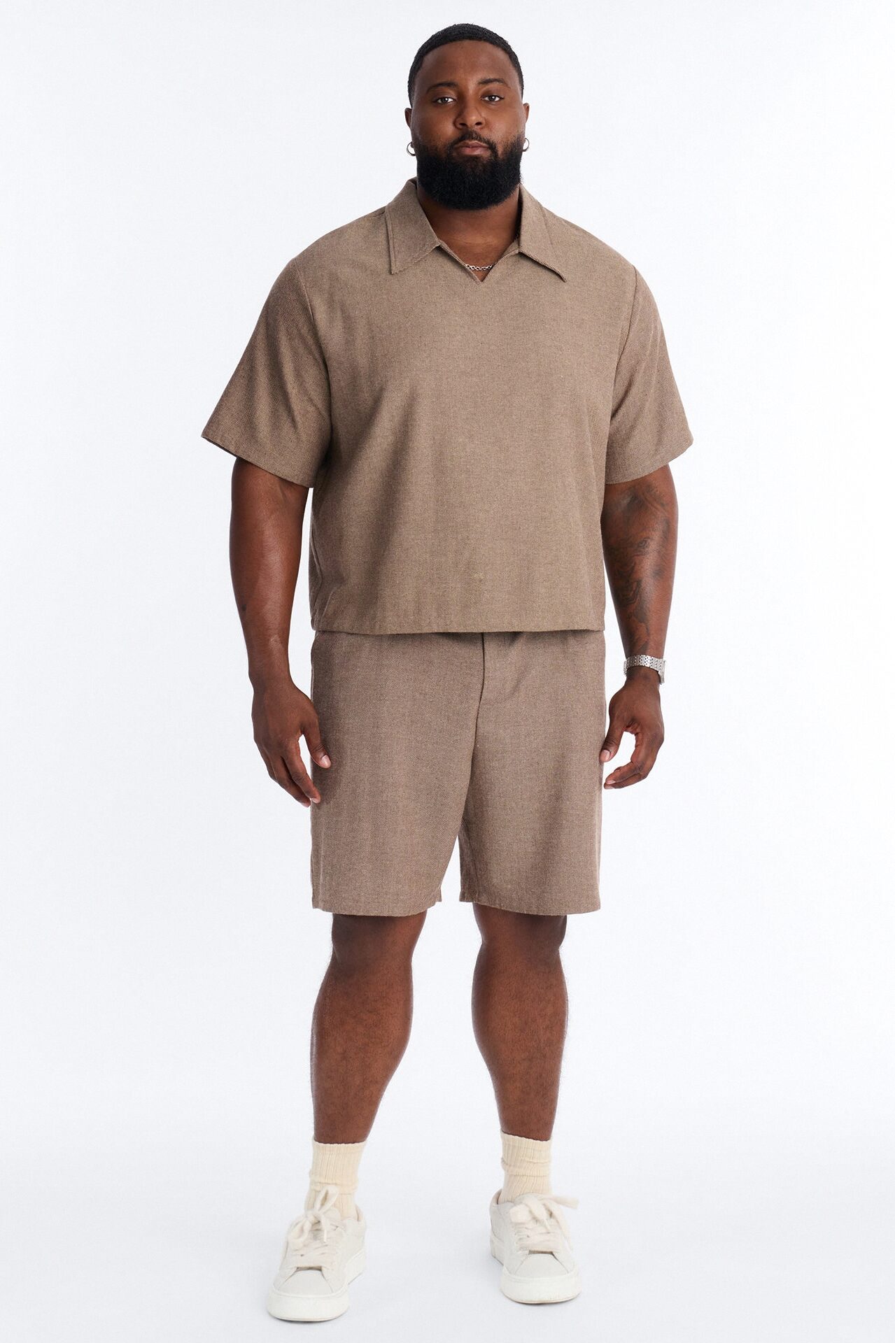 Maison Tailored Textured Boxy Cropped Polo - Brown