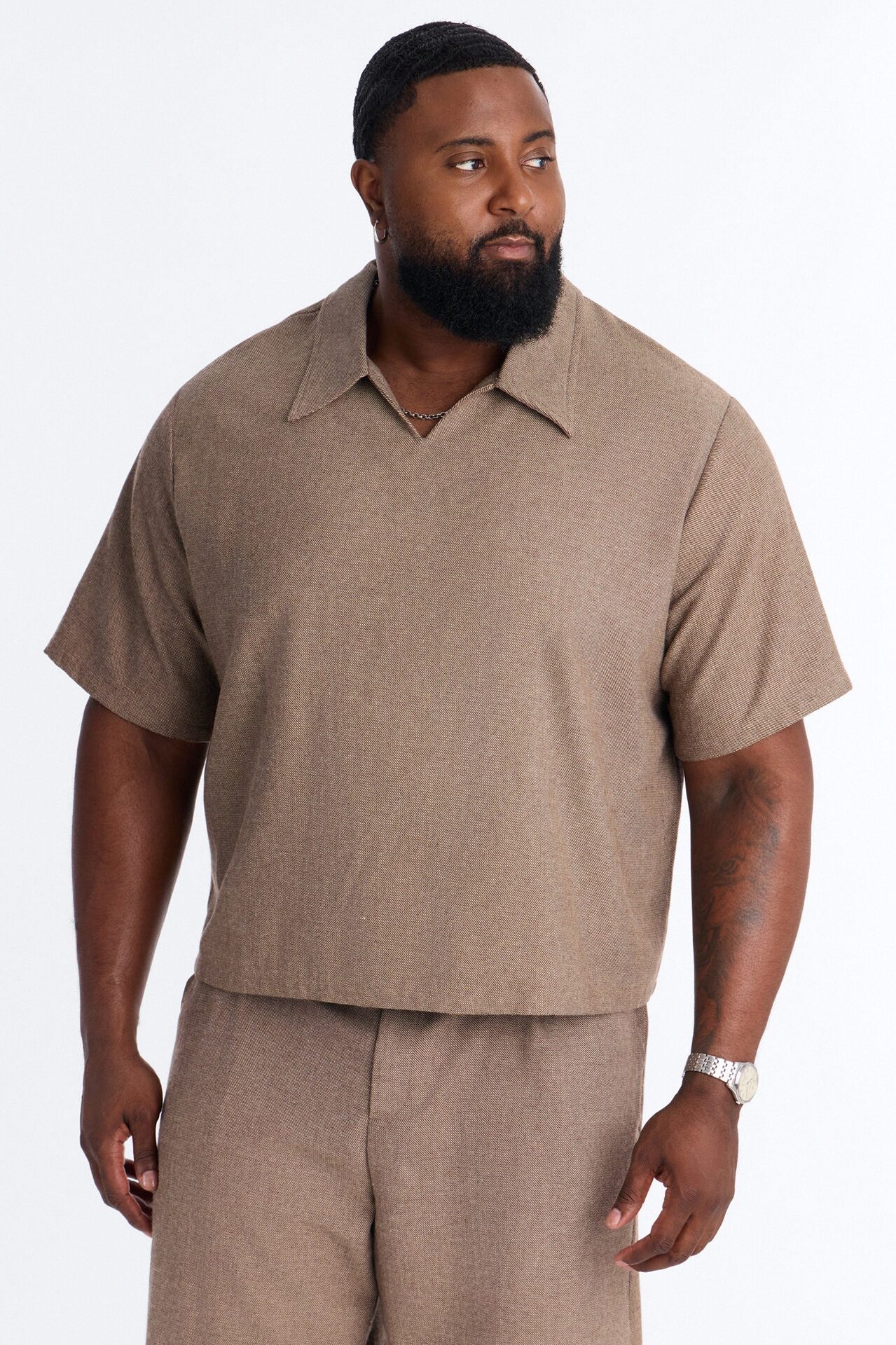 Maison Tailored Textured Boxy Cropped Polo - Brown