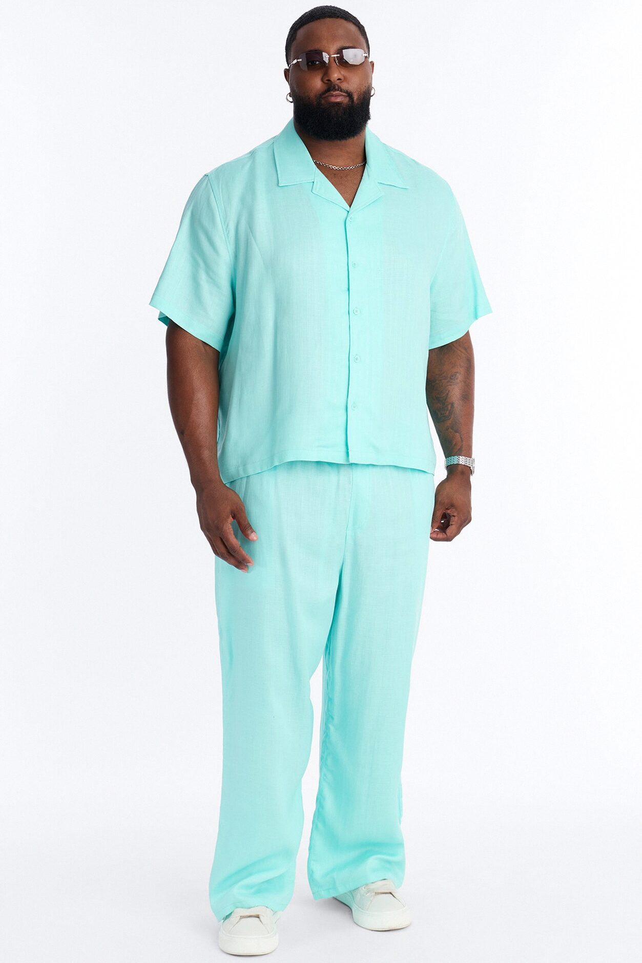Cropped Wastelander Cuban Collar Button Up Shirt - Turquoise