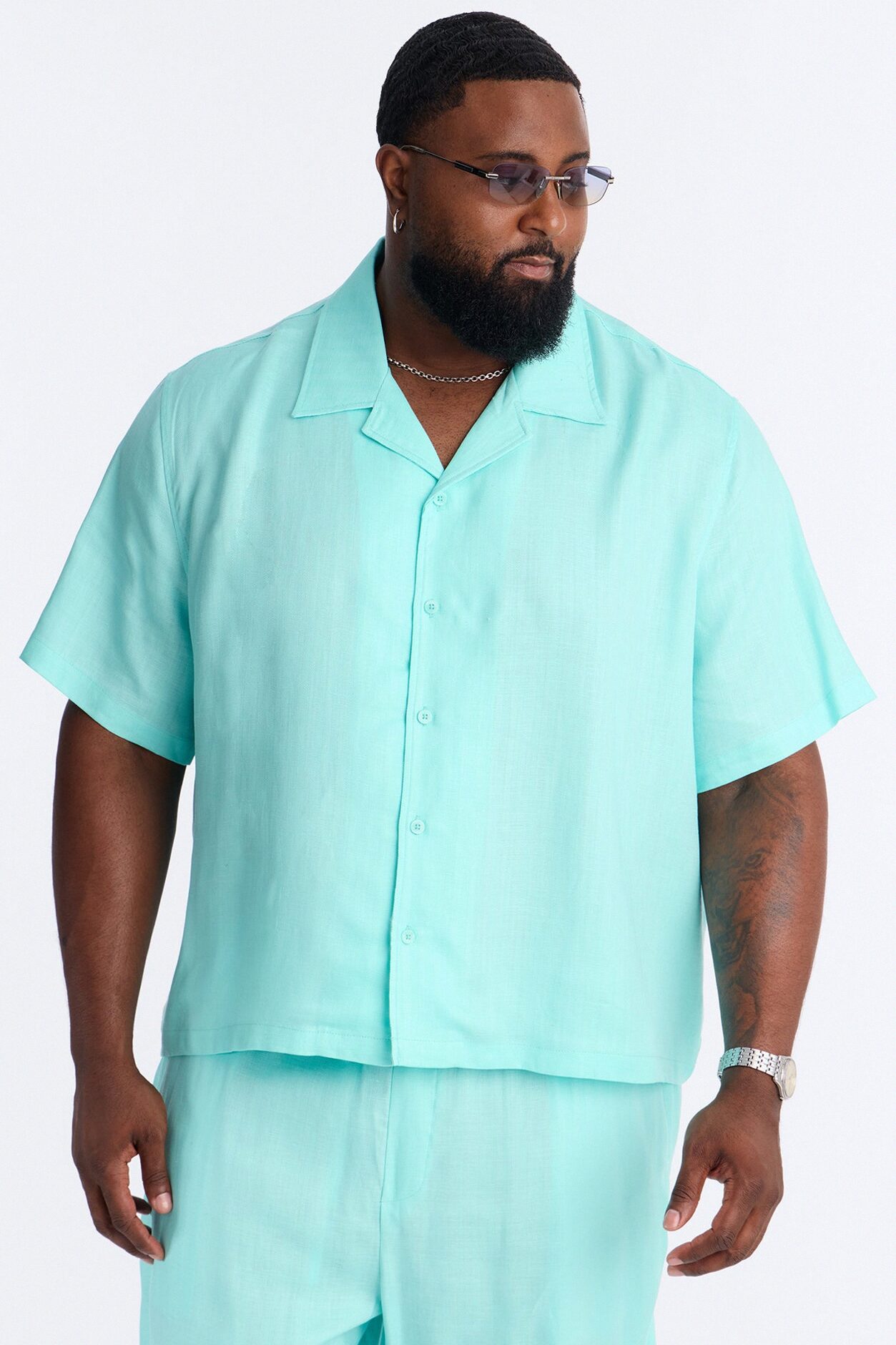 Cropped Wastelander Cuban Collar Button Up Shirt - Turquoise