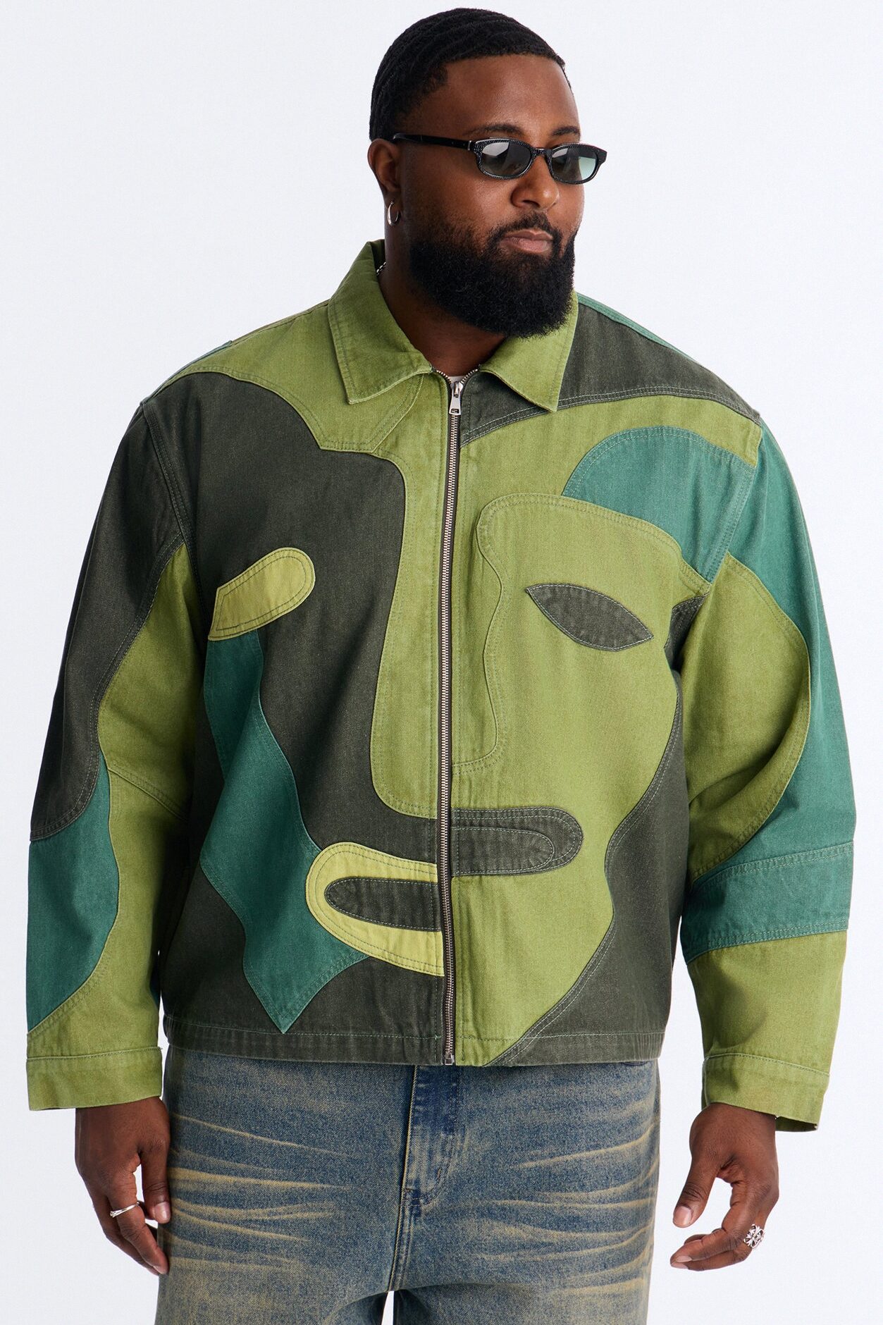 Portrait Patchwork Denim Jacket - Green/combo