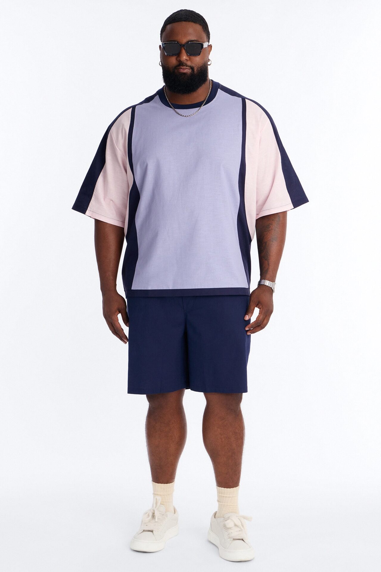 Basic Color Block Short Sleeve Tee - Purple/combo