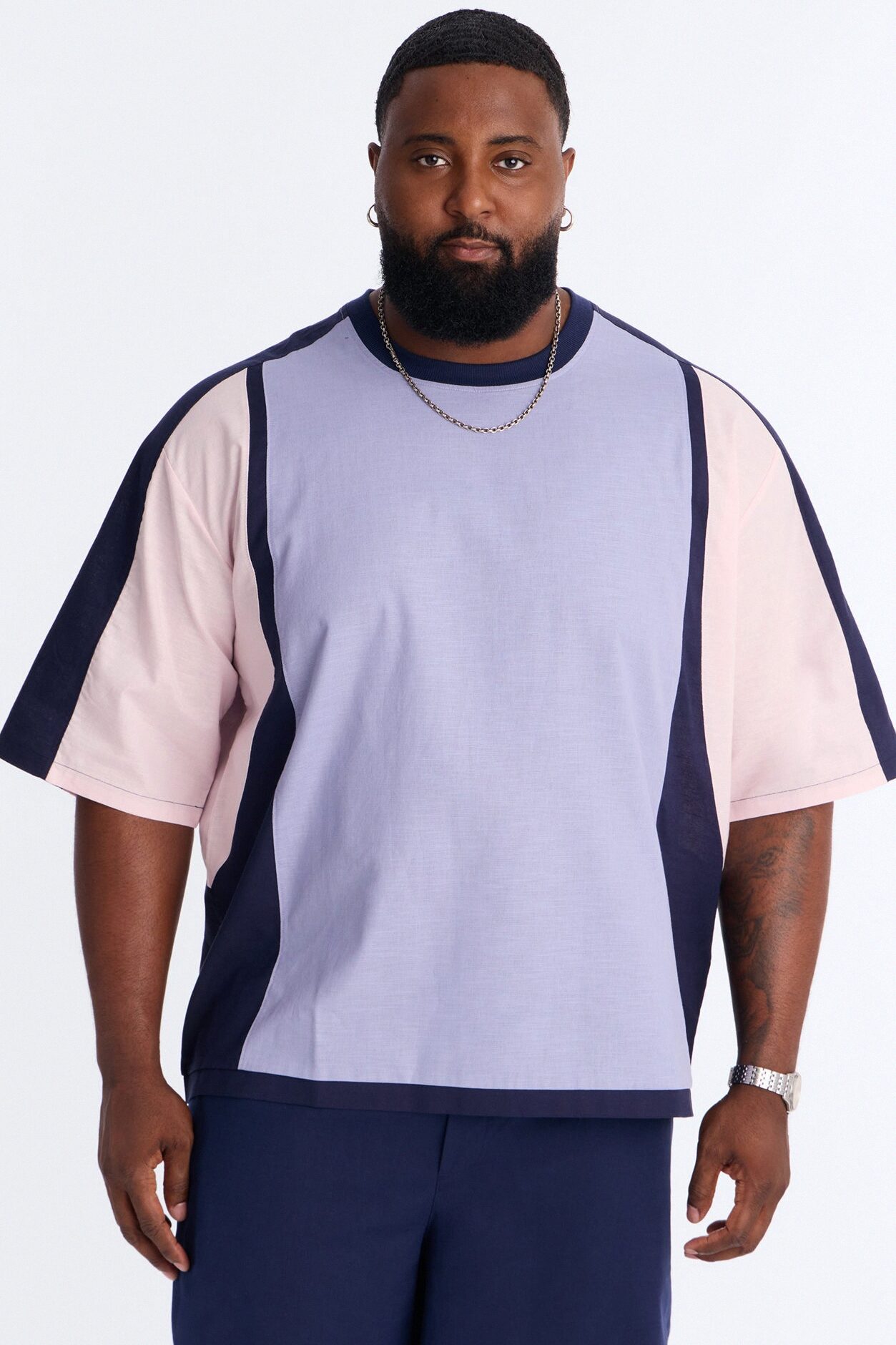 Basic Color Block Short Sleeve Tee - Purple/combo