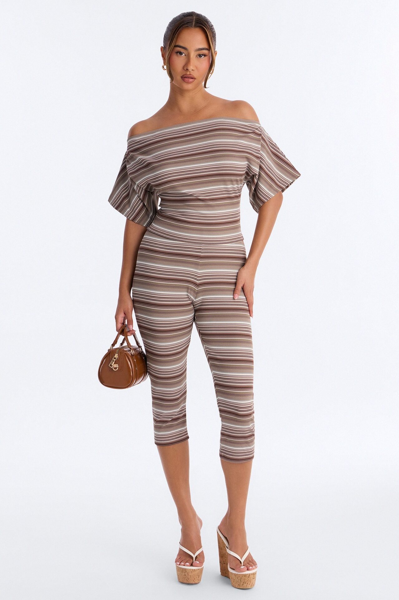 Dalinda Off Shoulder Striped Ribbed Capri Set - Brown/combo