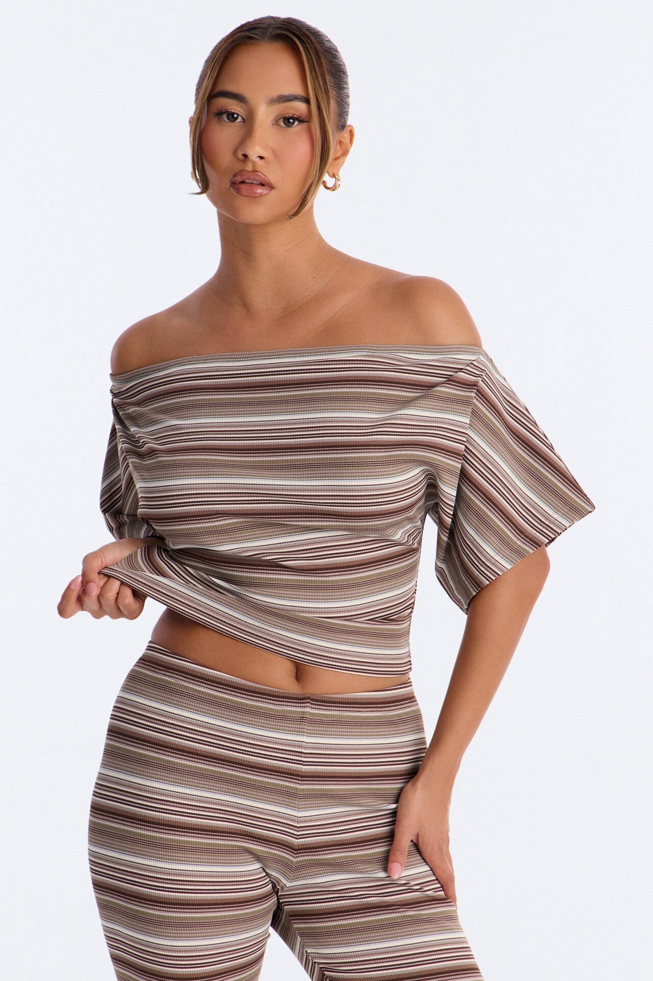 Dalinda Off Shoulder Striped Ribbed Capri Set - Brown/combo