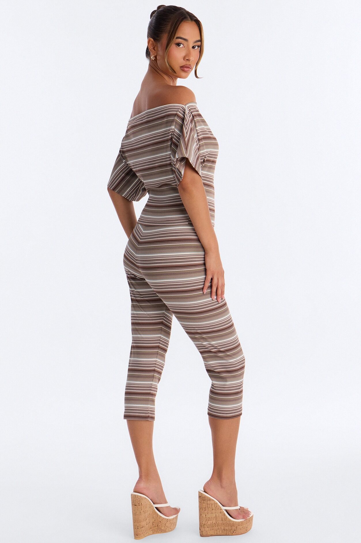 Dalinda Off Shoulder Striped Ribbed Capri Set - Brown/combo