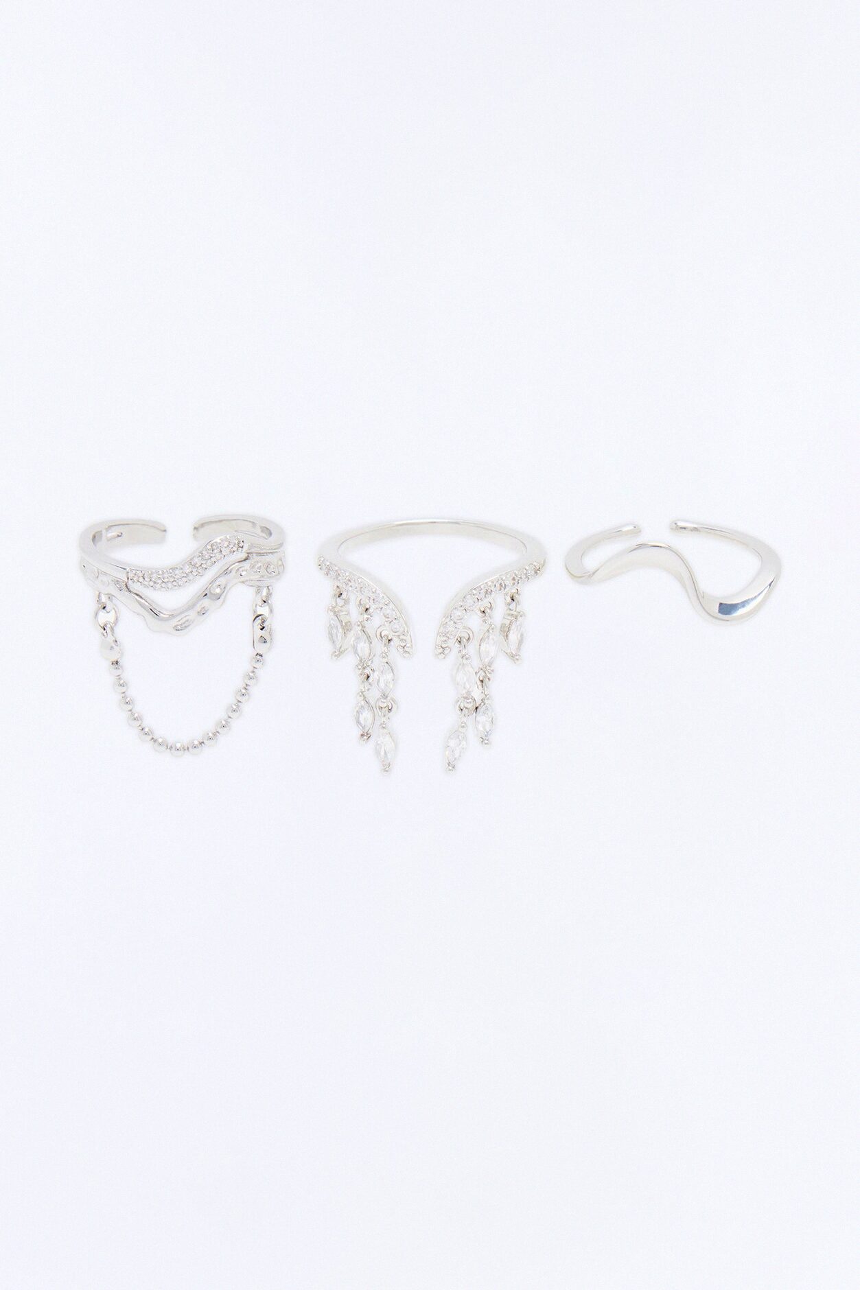 Rhinestone Waterfall 3 Piece Ring Set - Silver
