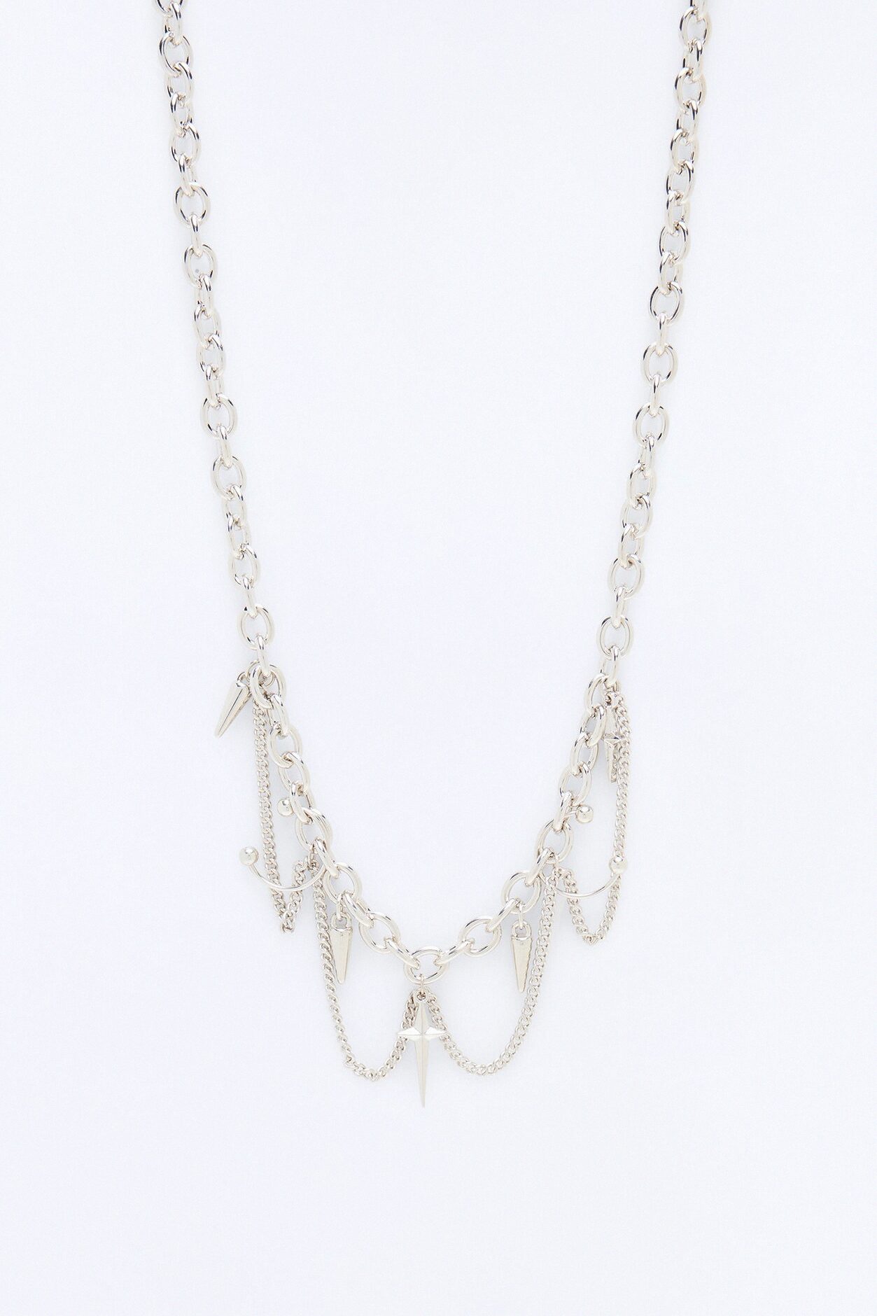 Edgy Draped Spike Chain Necklace - Silver