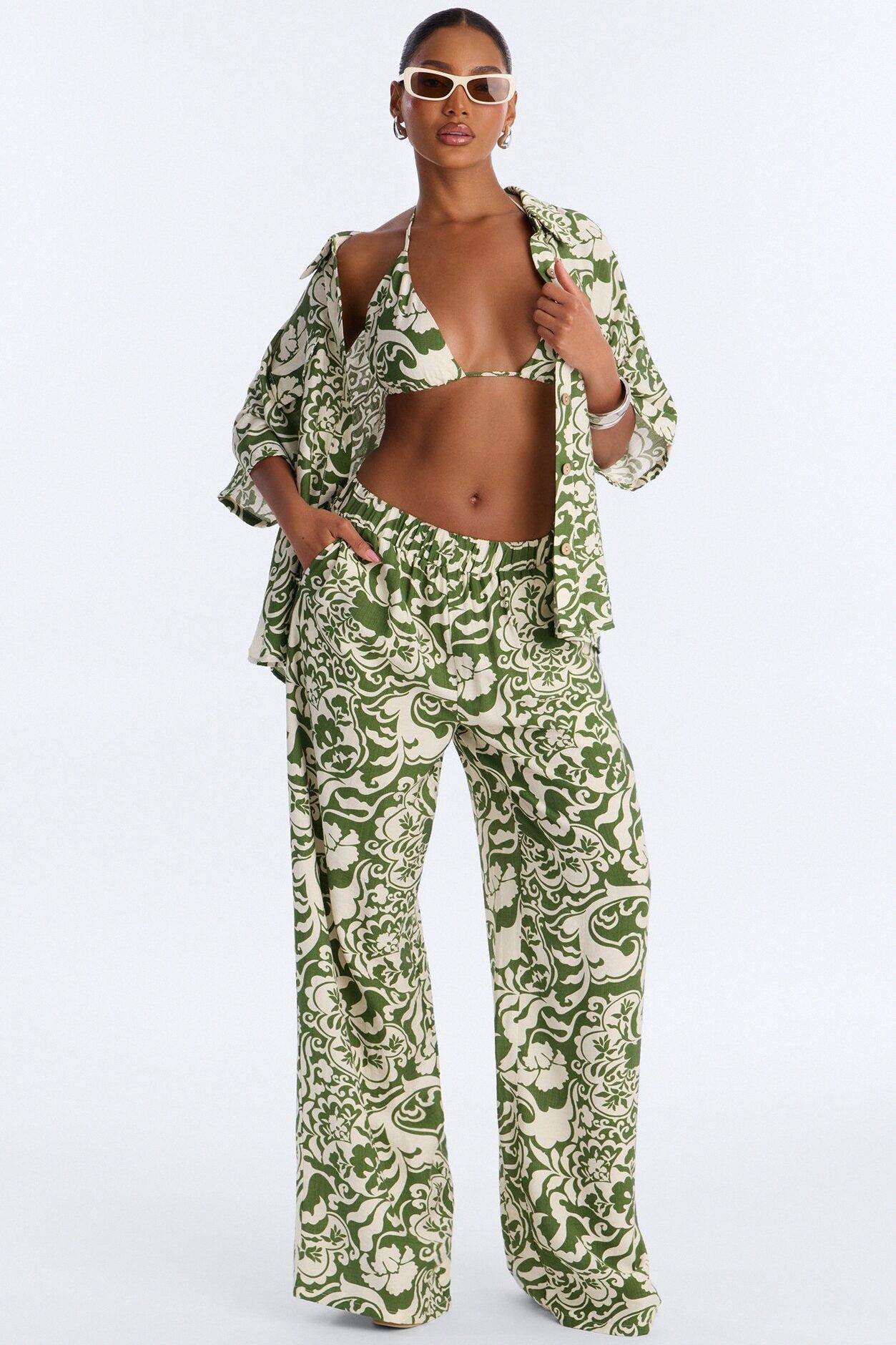 Urban Jungle Linen 3 Piece Pant Set - Green/combo