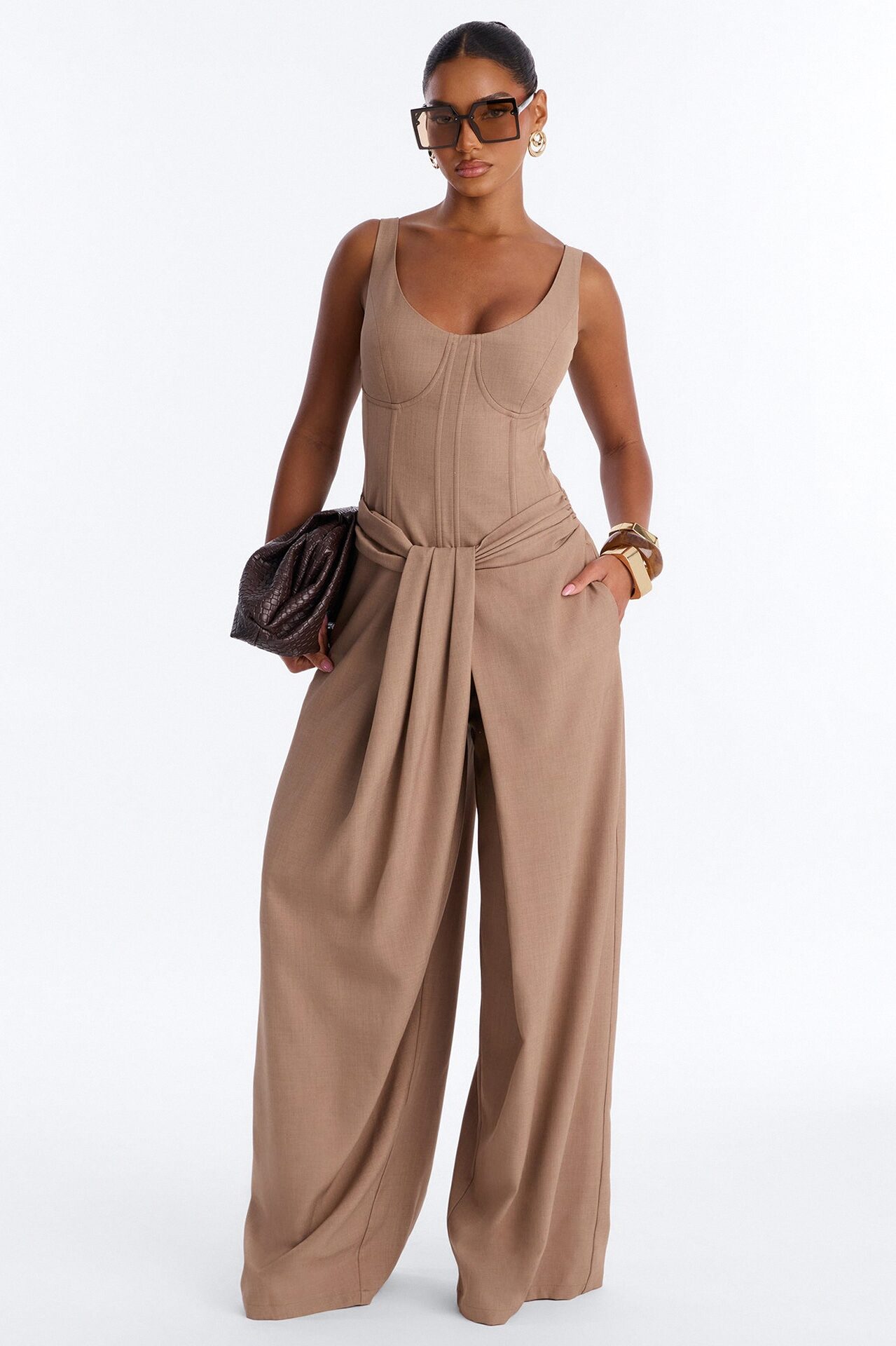 Jessa Twist Front Wide Leg Jumpsuit - Taupe