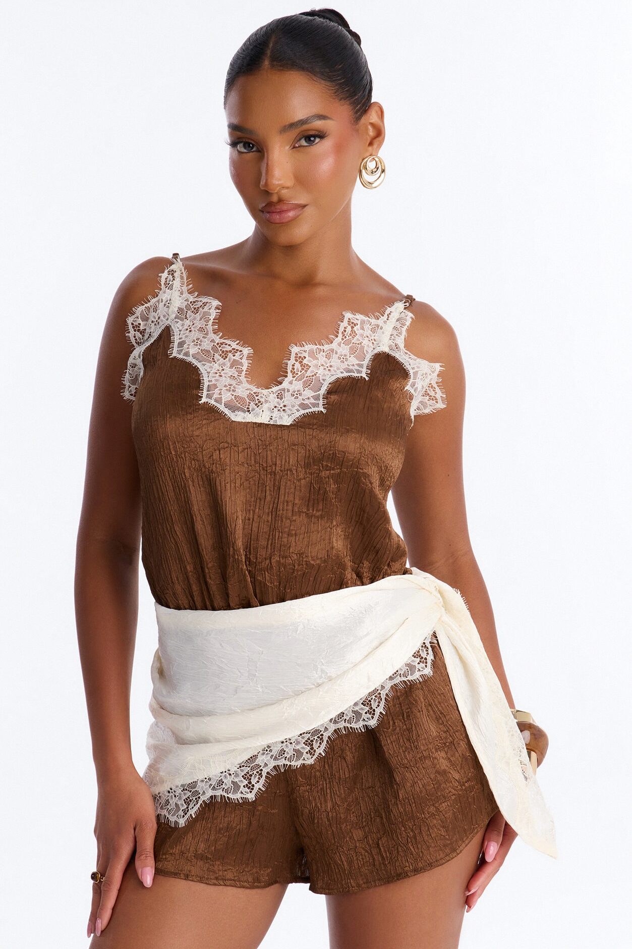 Cara Lace Trim Waist Scarf Romper - Chocolate
