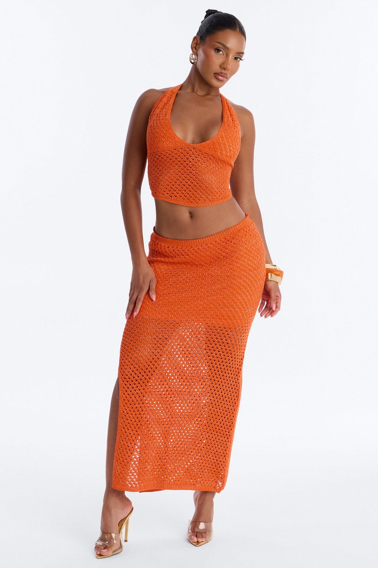 Crystal Crochet Halter Maxi Skirt Set - Orange