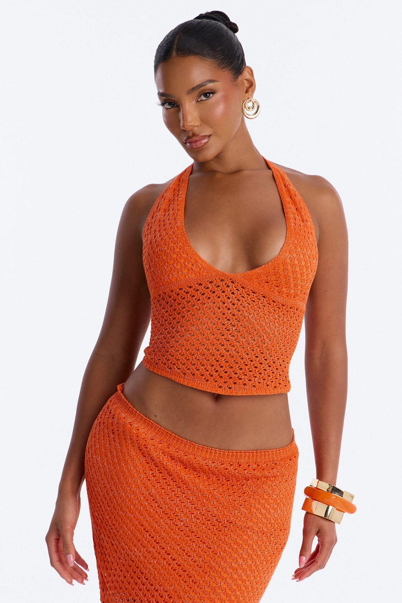 Crystal Crochet Halter Maxi Skirt Set - Orange