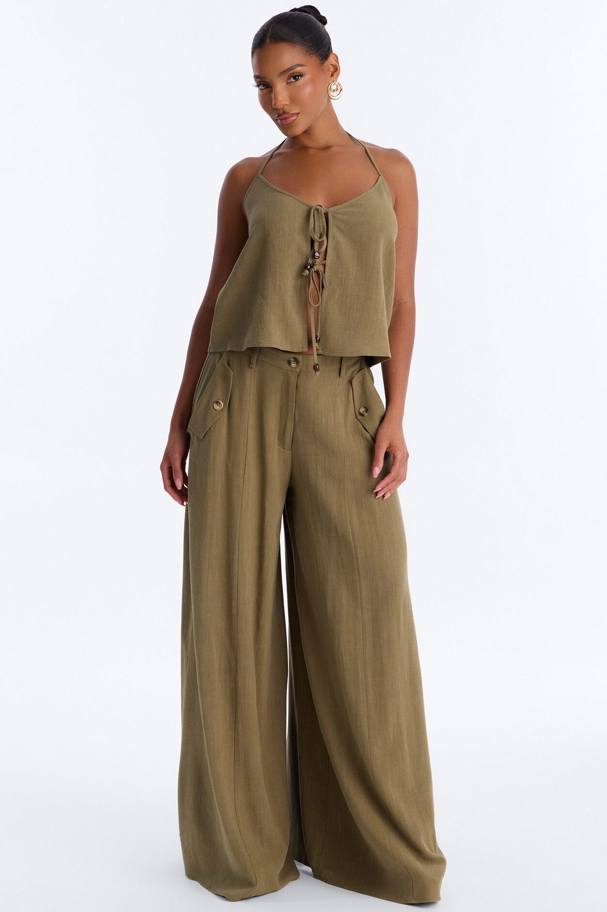 Bianca Linen Tie Halter Pant Set - Olive