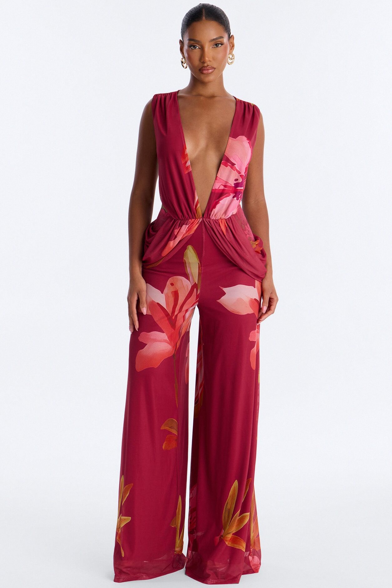 Mara Mesh Lace Trim Jumpsuit - Wine