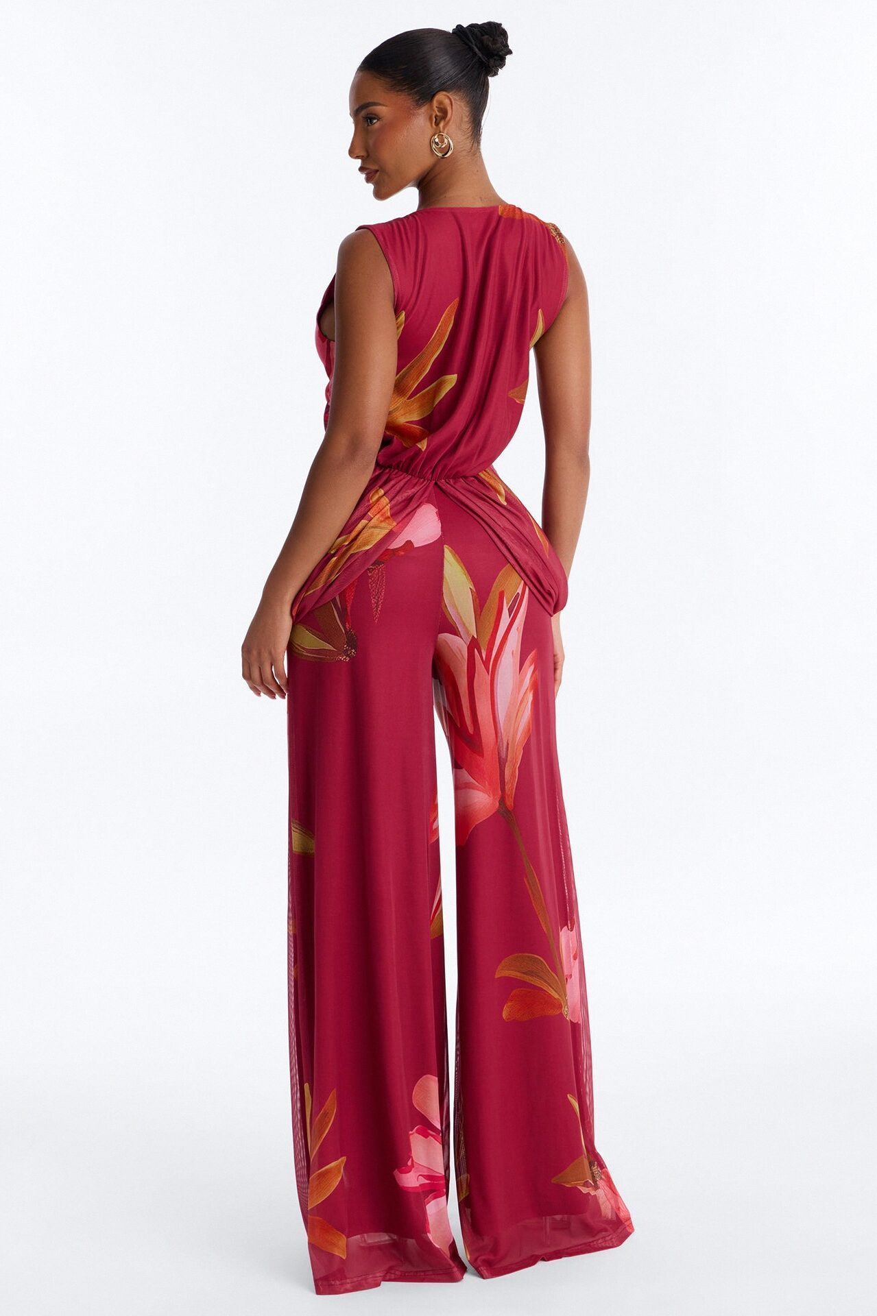 Mara Mesh Lace Trim Jumpsuit - Wine