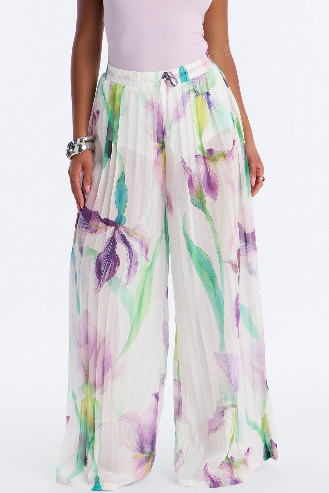 Daniella Pleated Chiffon Wide Leg Pant - Ivory/combo