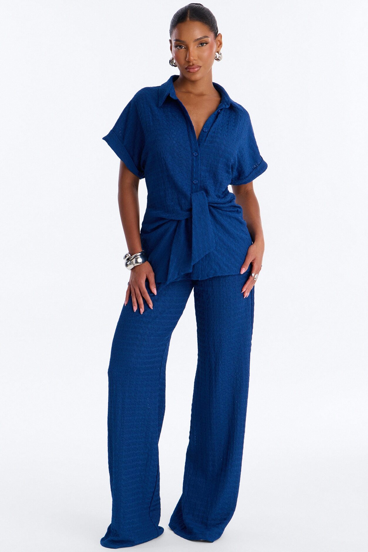 Ainsley Textured Tie Front Pant Set - Navy