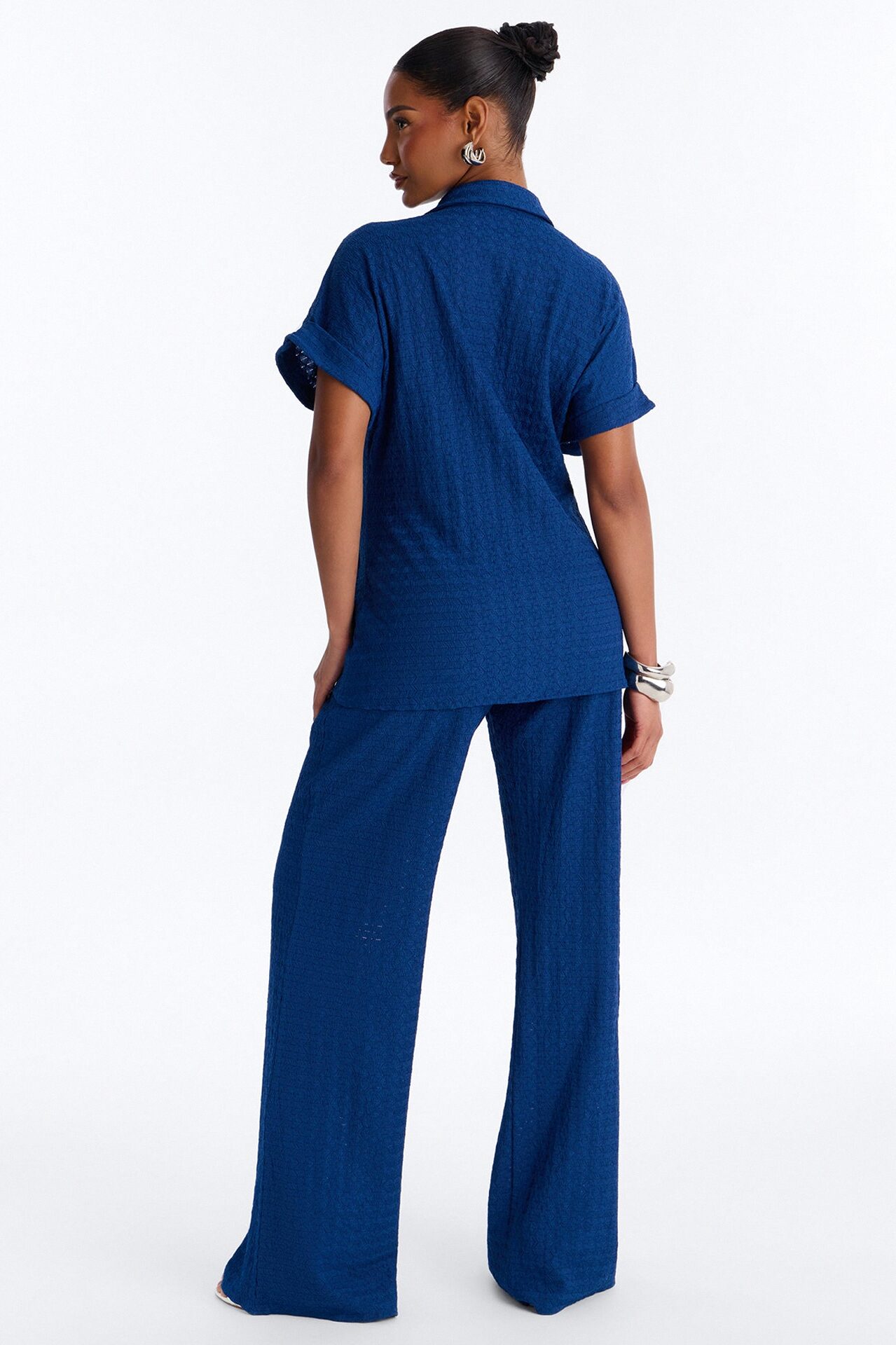 Ainsley Textured Tie Front Pant Set - Navy