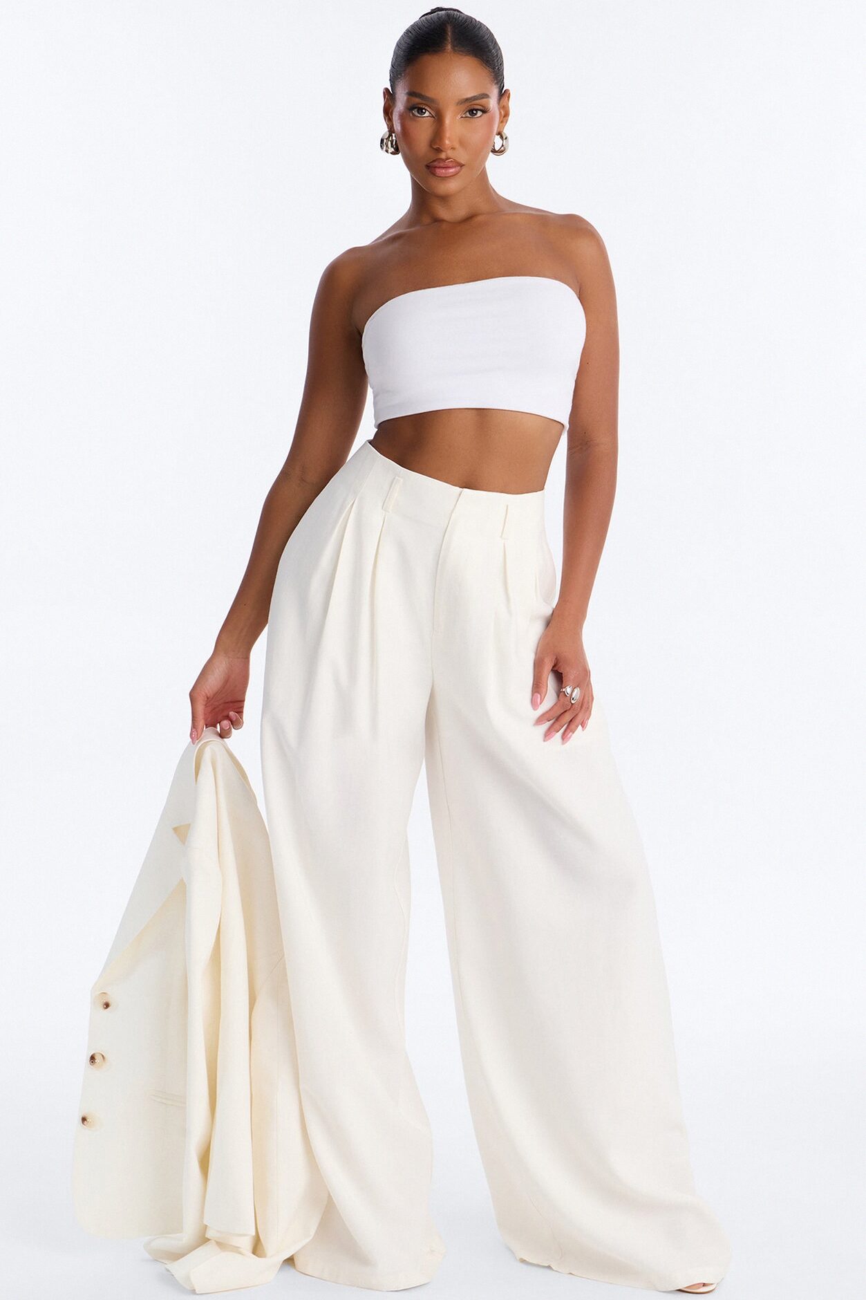 Elyse Linen High Rise Pleated Trousers - White