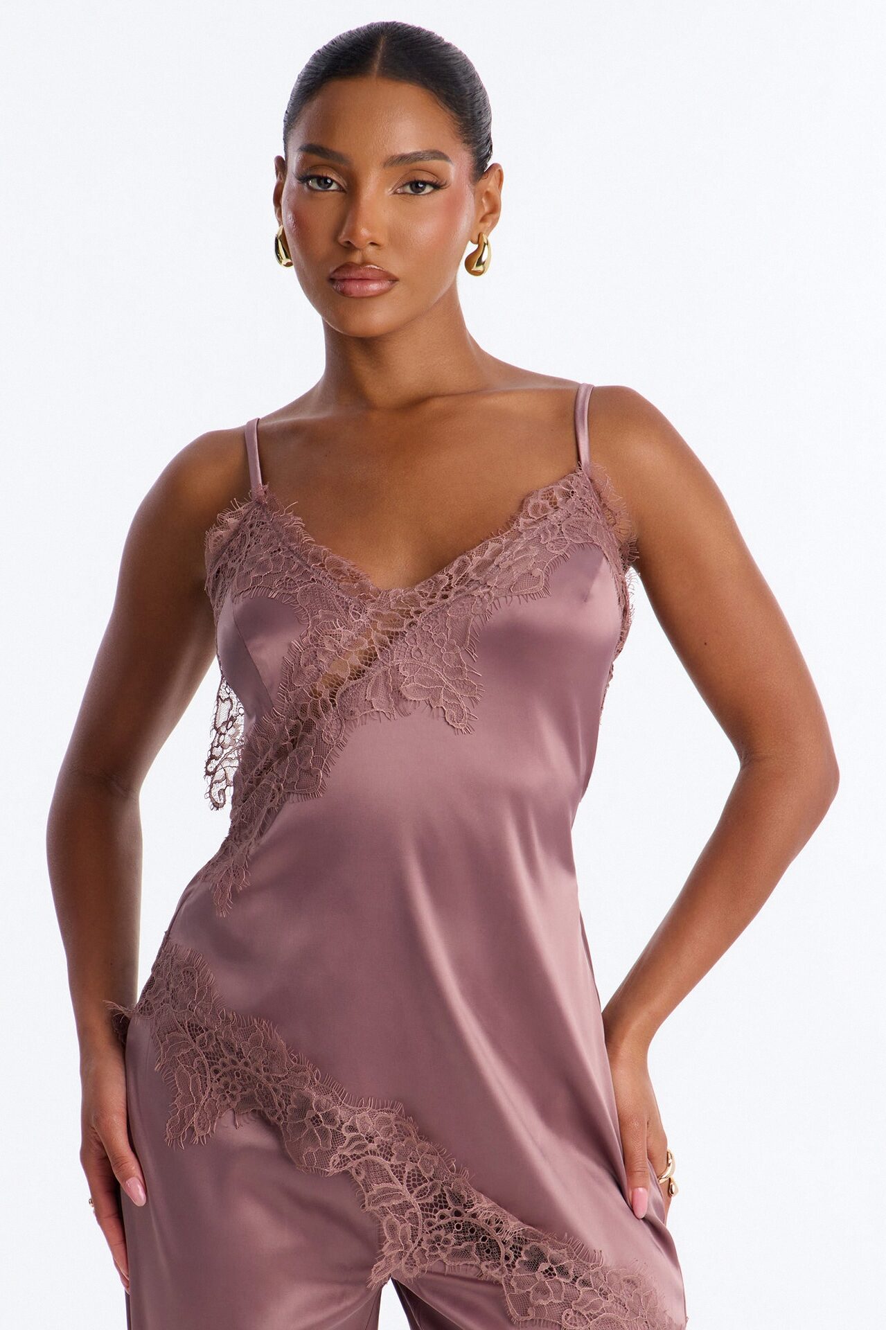Lea Lace Trim Satin Jumpsuit - Brown