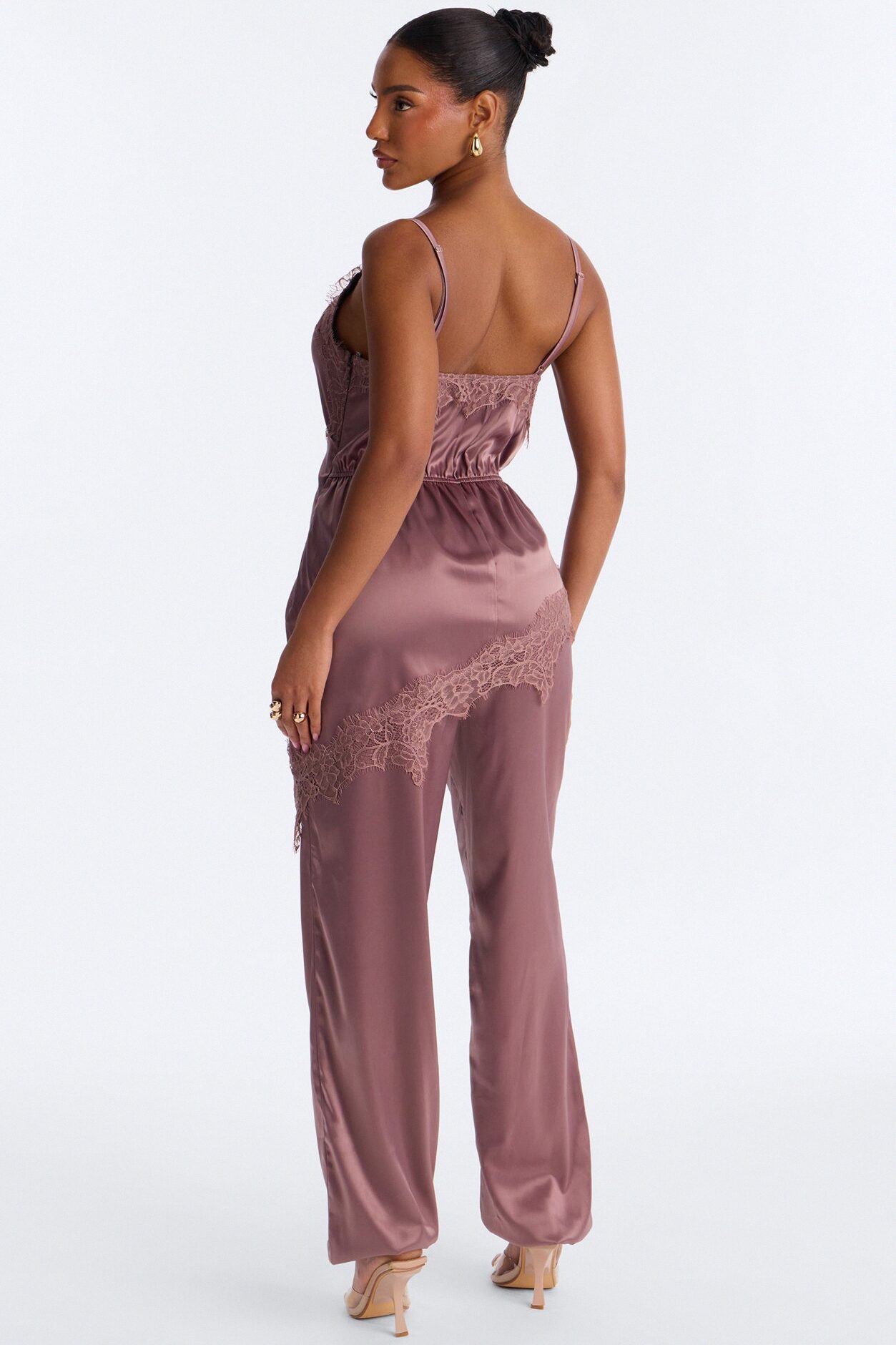 Lea Lace Trim Satin Jumpsuit - Brown