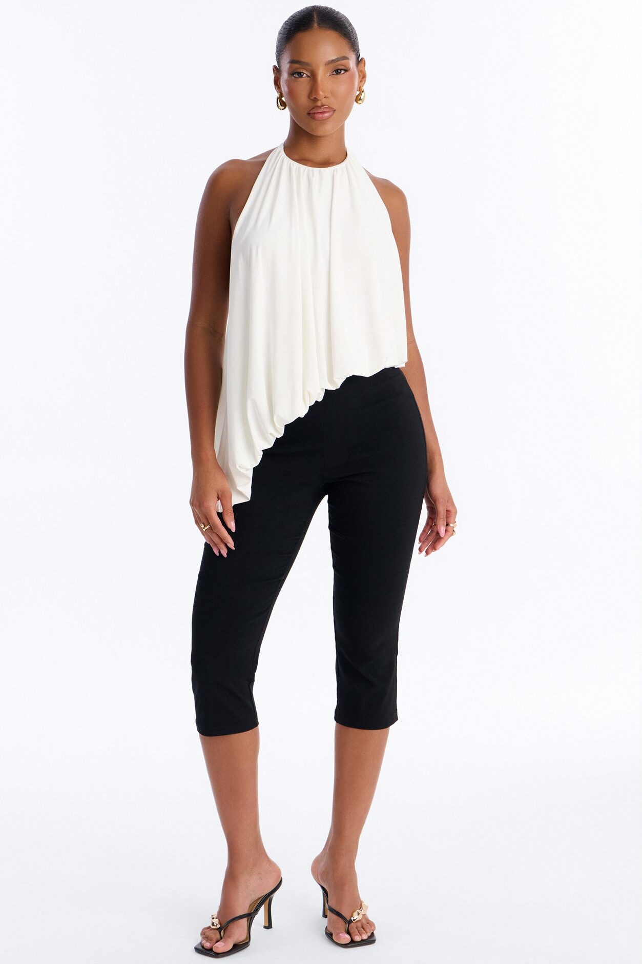 Selena Ruched Asymmetrical Halter Top - White