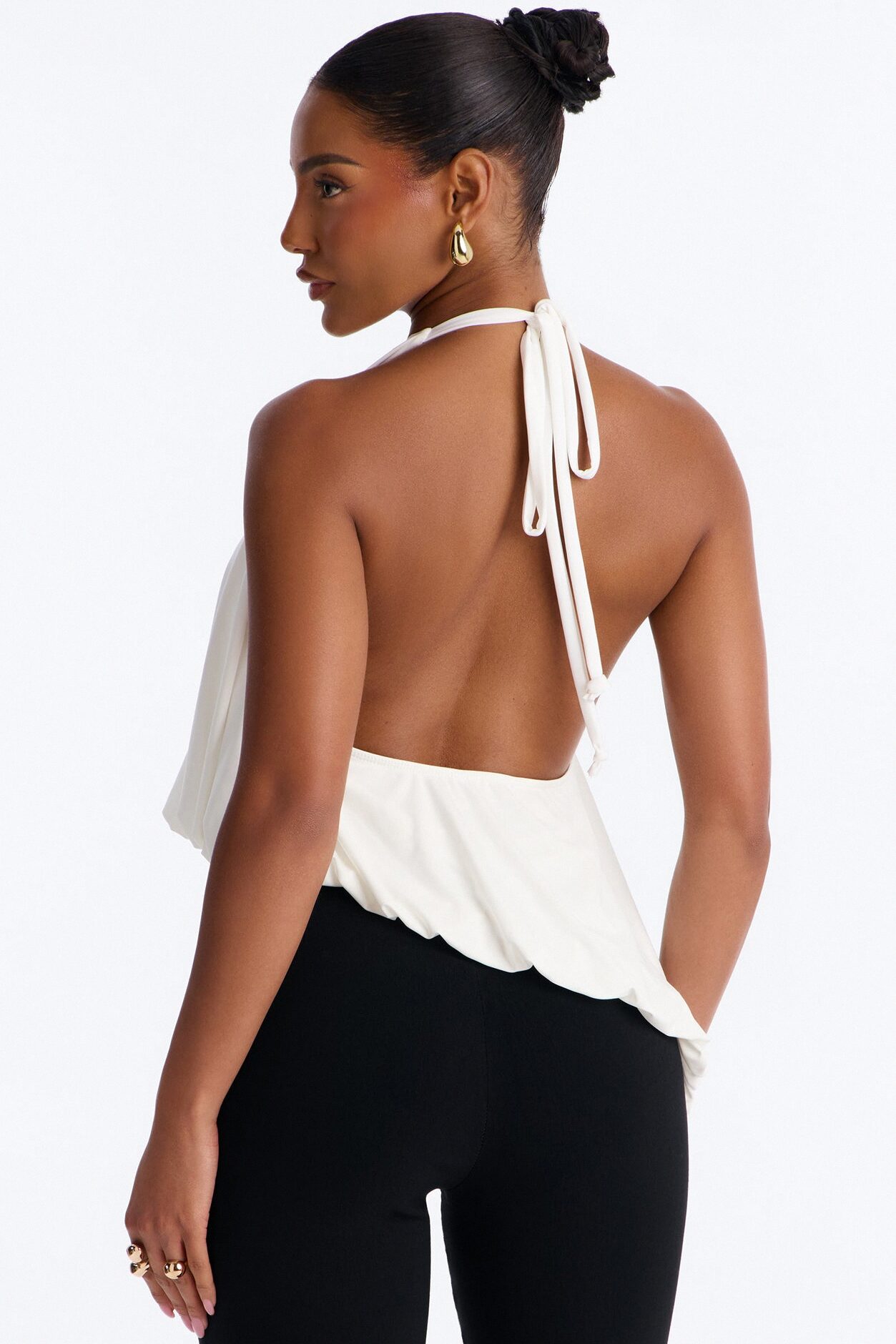 Selena Ruched Asymmetrical Halter Top - White