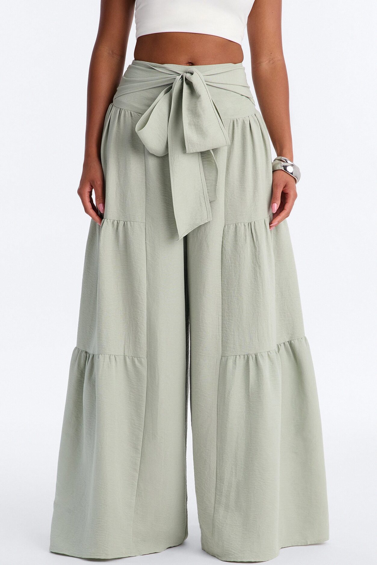 Tatiana Tiered Wide Leg Tie Waist Pant - Sage