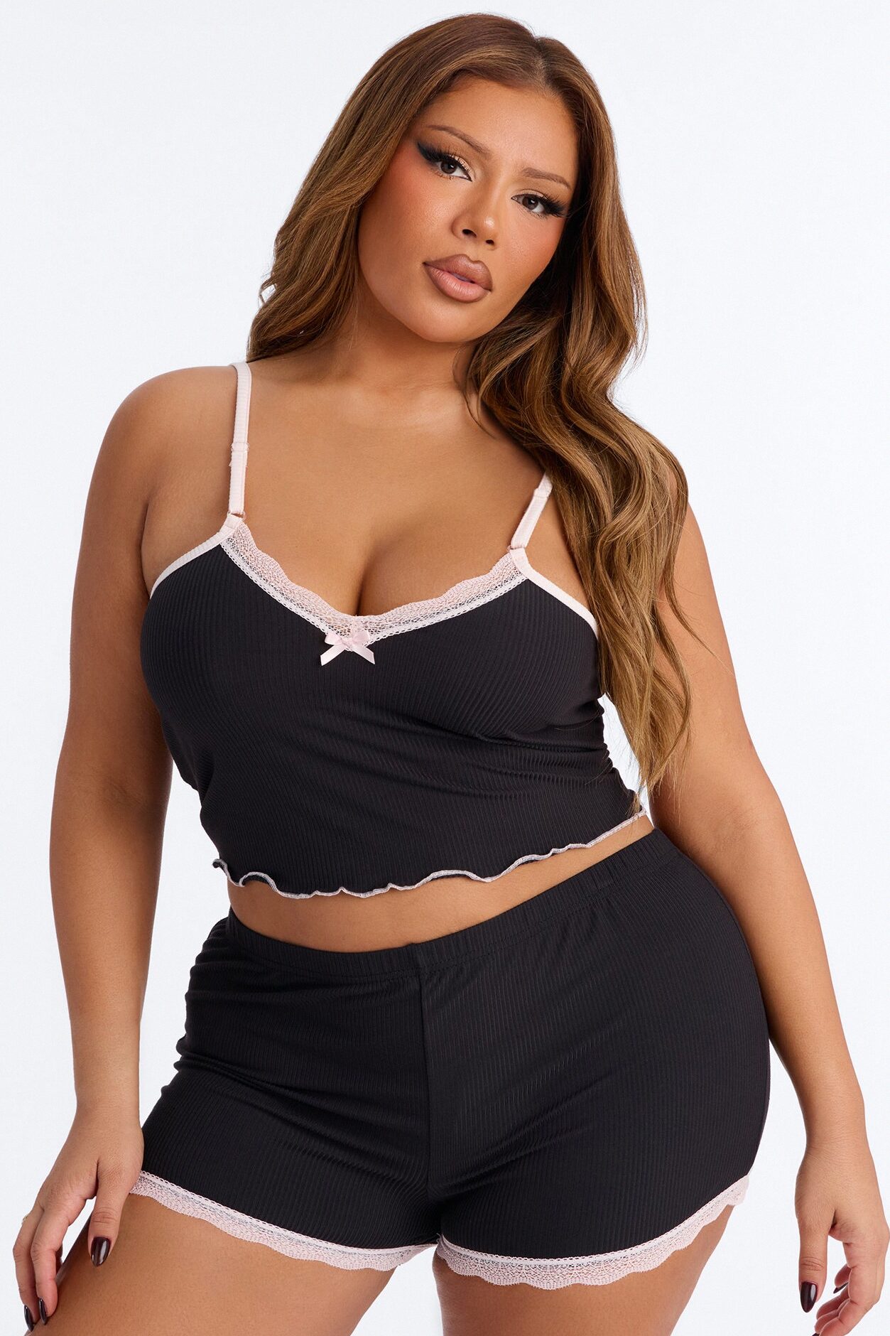 Always On My Mind Ribbed PJ Short Set - Black/Pink